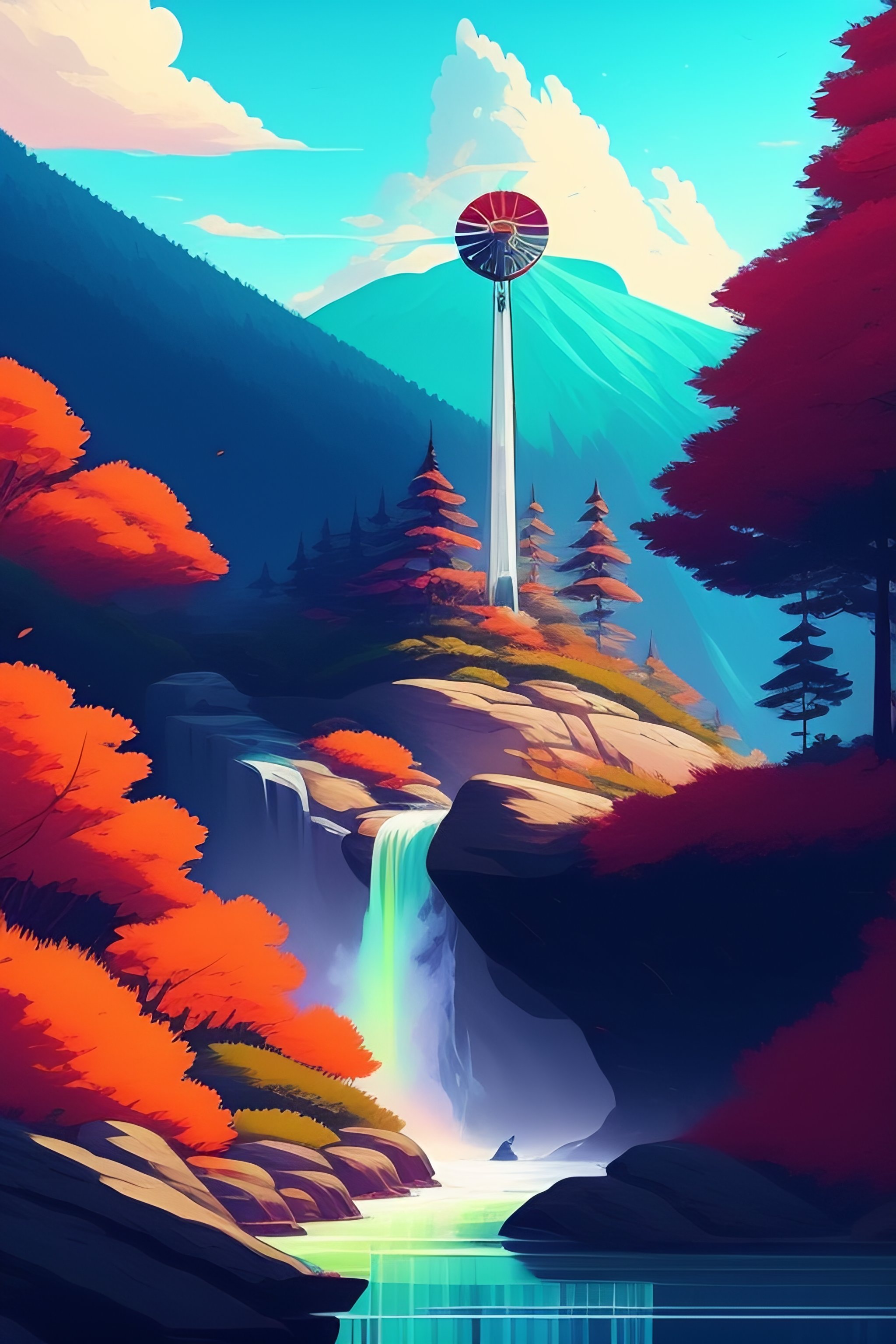 Lexica Windmill in forrest near a waterfall, style of laurie greasley