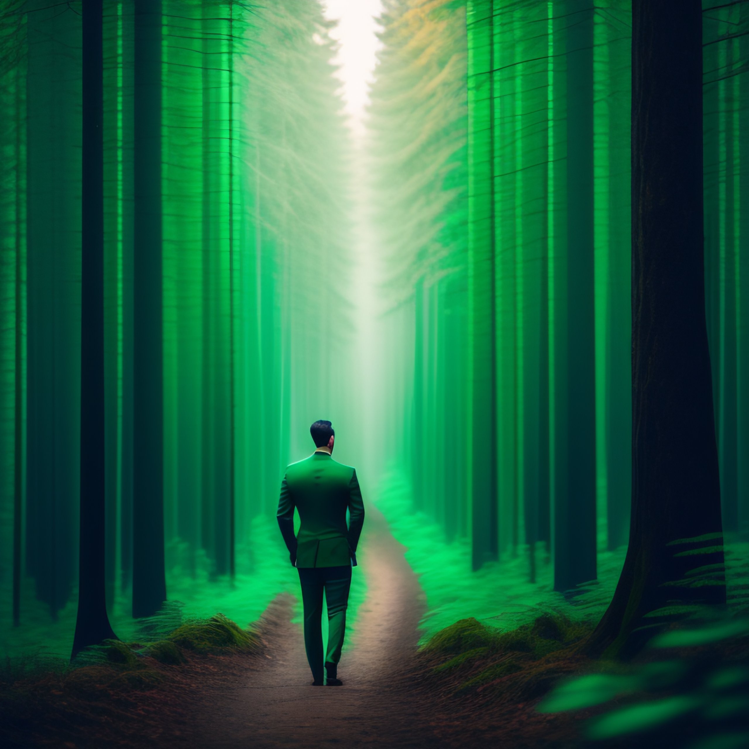 Lexica - A man in a green suit standing in a dimly lit forest