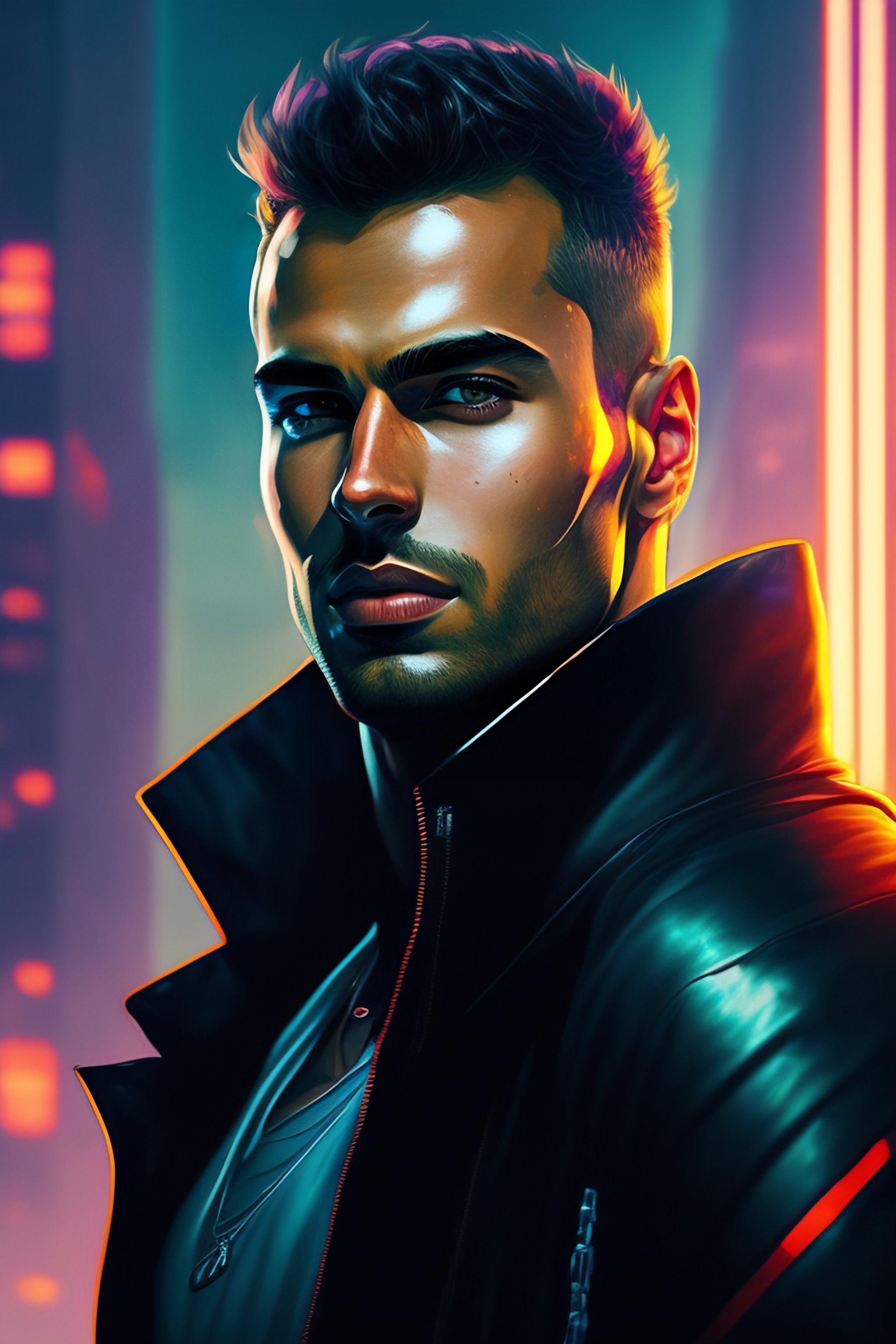 Lexica - Theo james portrait, detailed face and eyes, cyberpunk city ...