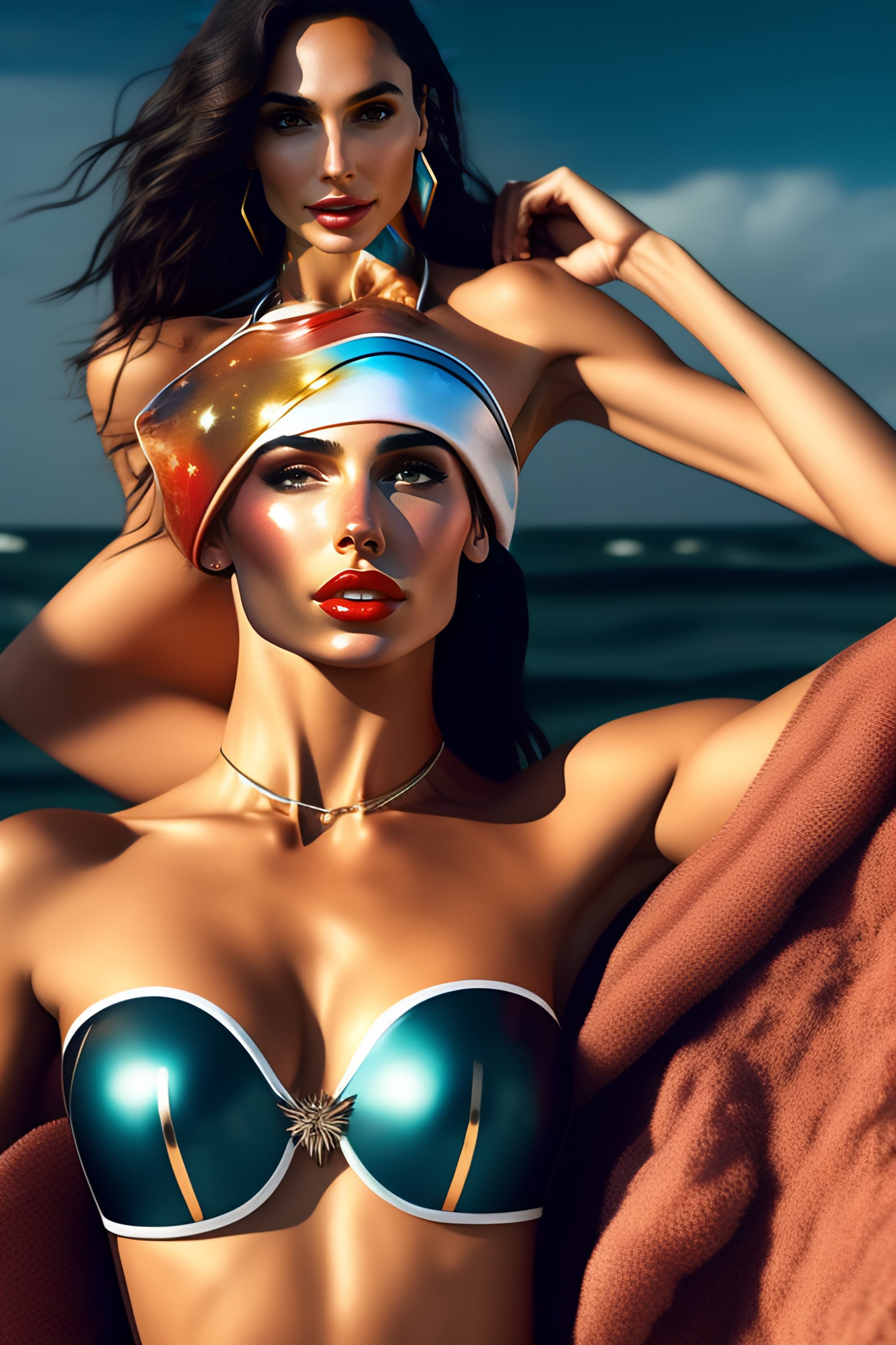 Lexica - Gal gadot wearing a tattered two piece string wonder woman bikini, ((both  arms up over her head)), miniature low waist bikini bottom, minia