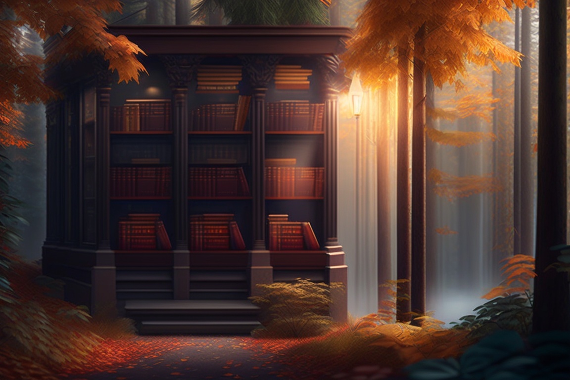 Lexica - Forest library, large windows, a lot of books, trees all ...
