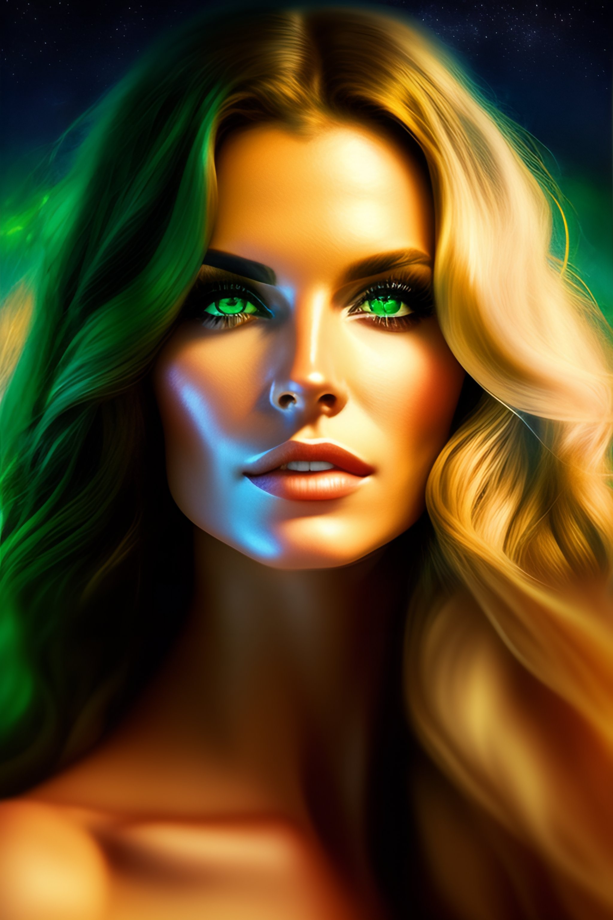 Lexica - GREEN EYES AND GOLDEN LONG HAIR WOMEN ON THE SPAARKLING MOON