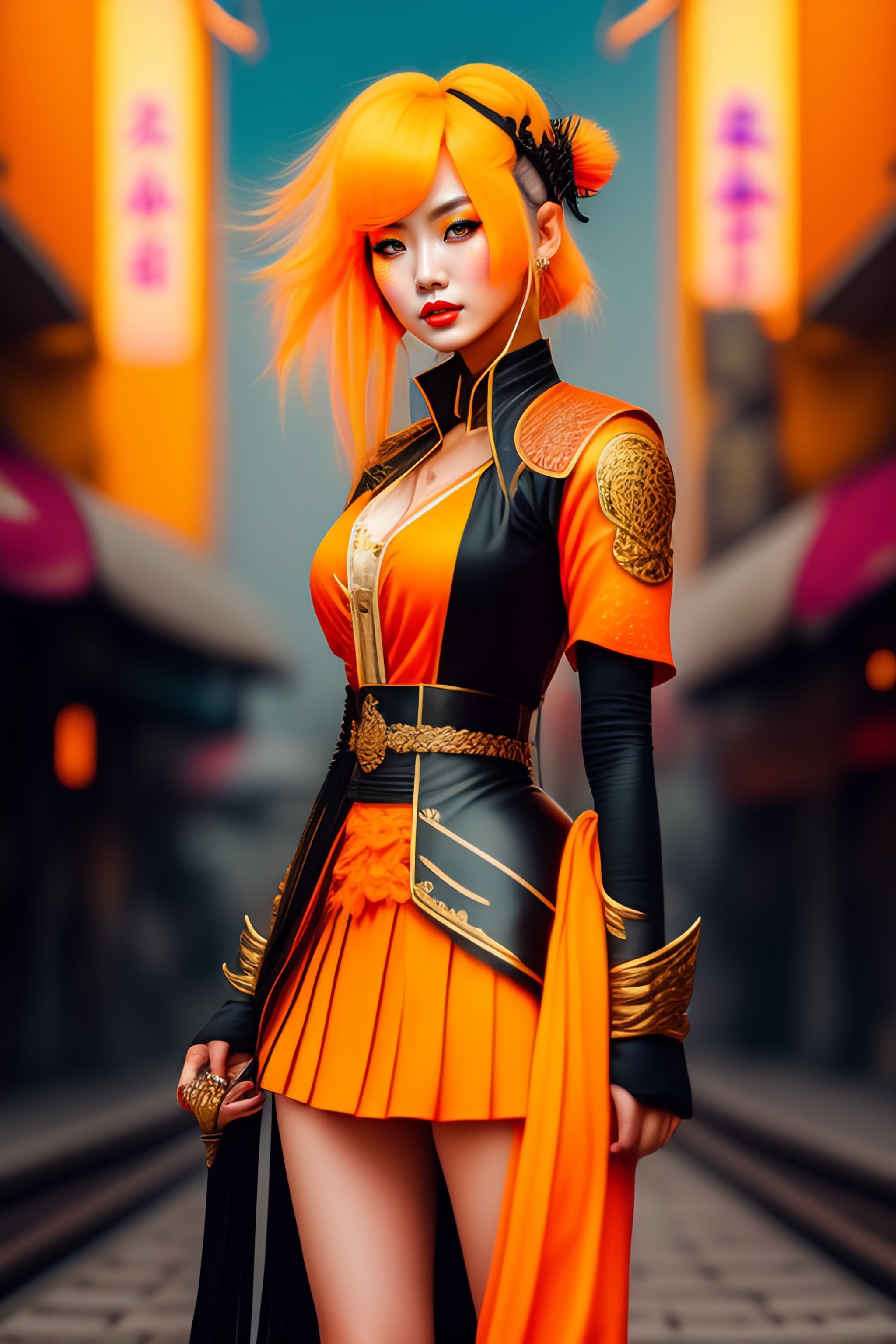 Lexica Samourai girl with japanese embroidered dress, orange lips