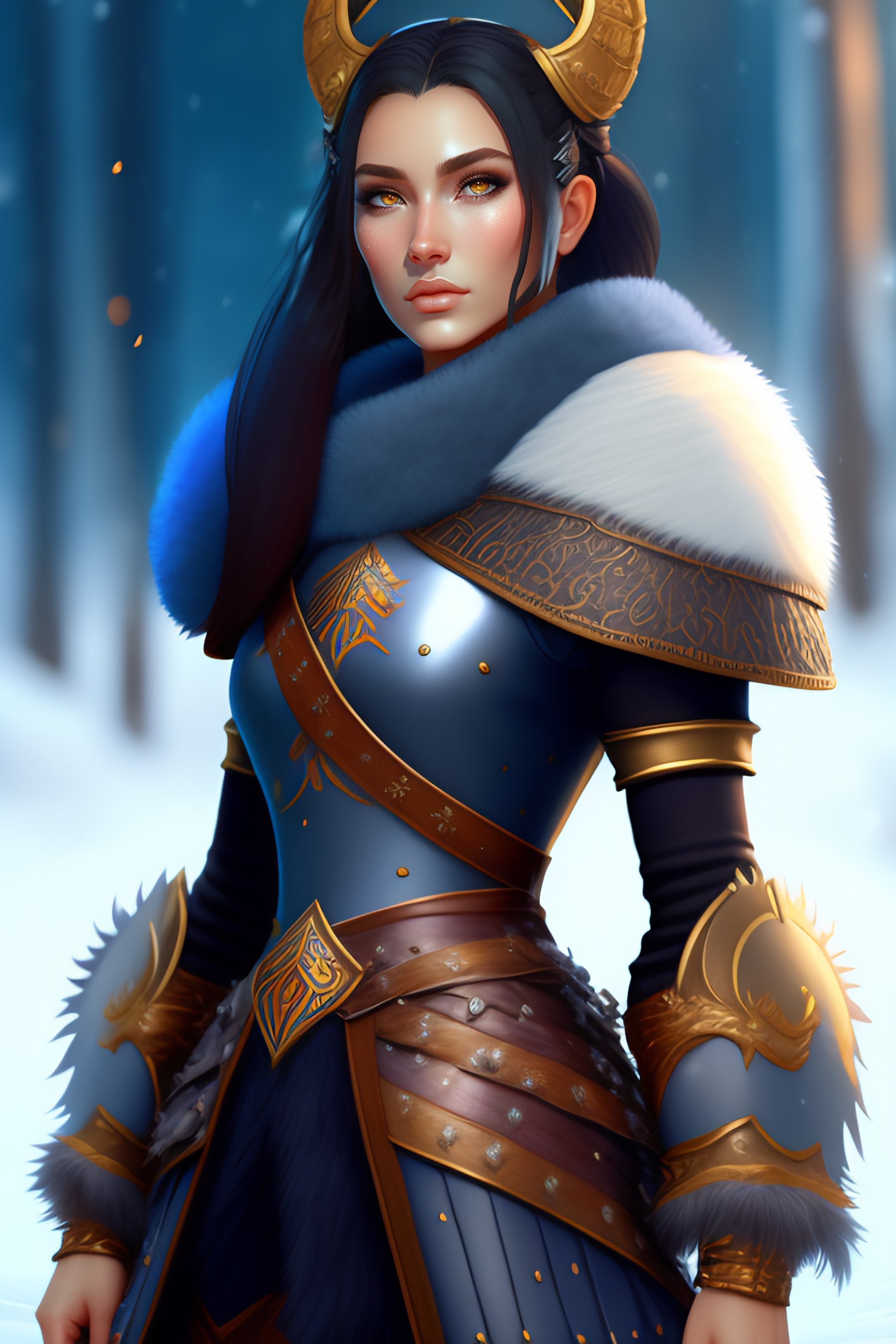 Lexica Kislev Ice guard, fur armor, winter armor, fantasy, woman, black hair, ice blue eyes
