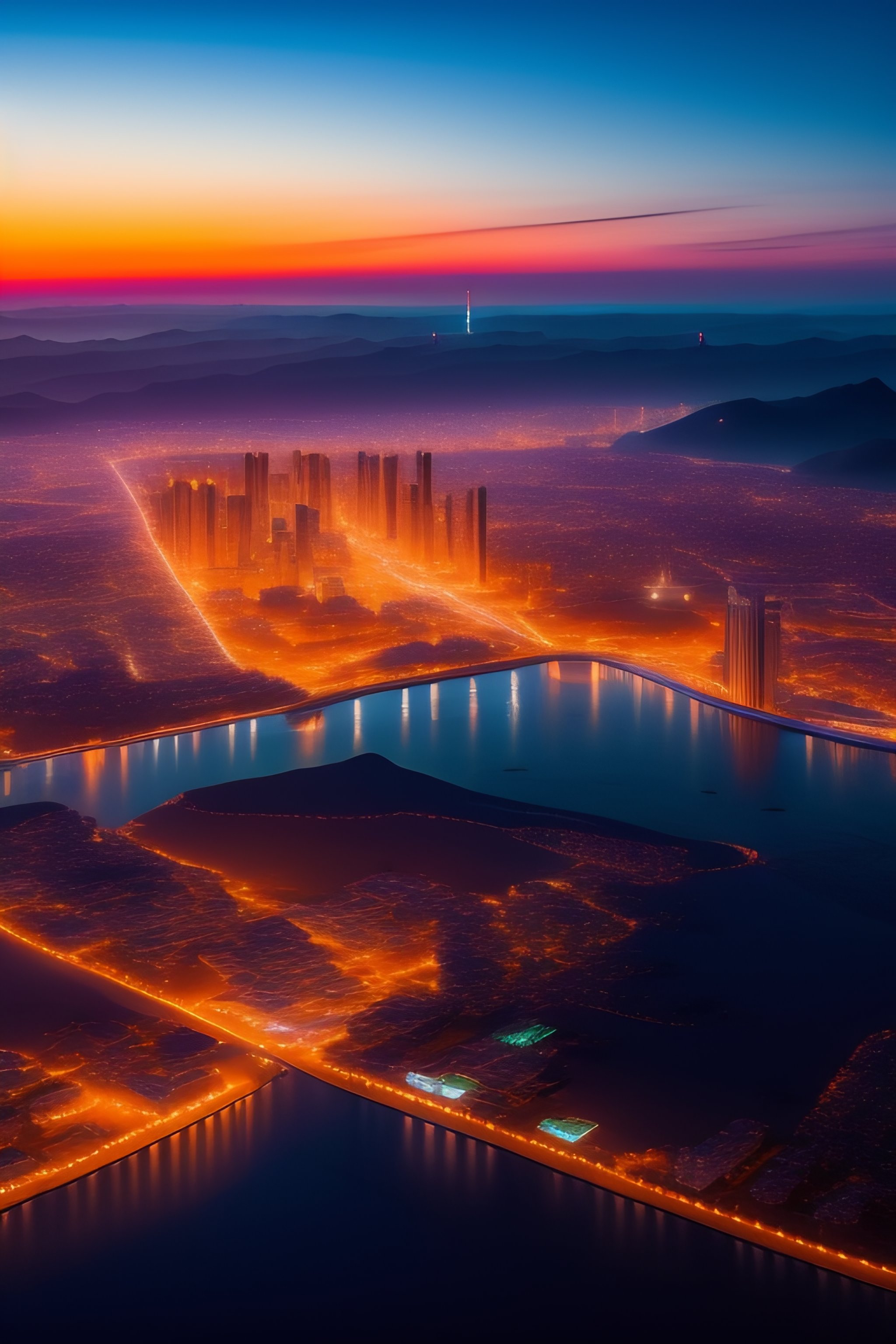 Lexica An Aerial View Of A Future City At Sunrise