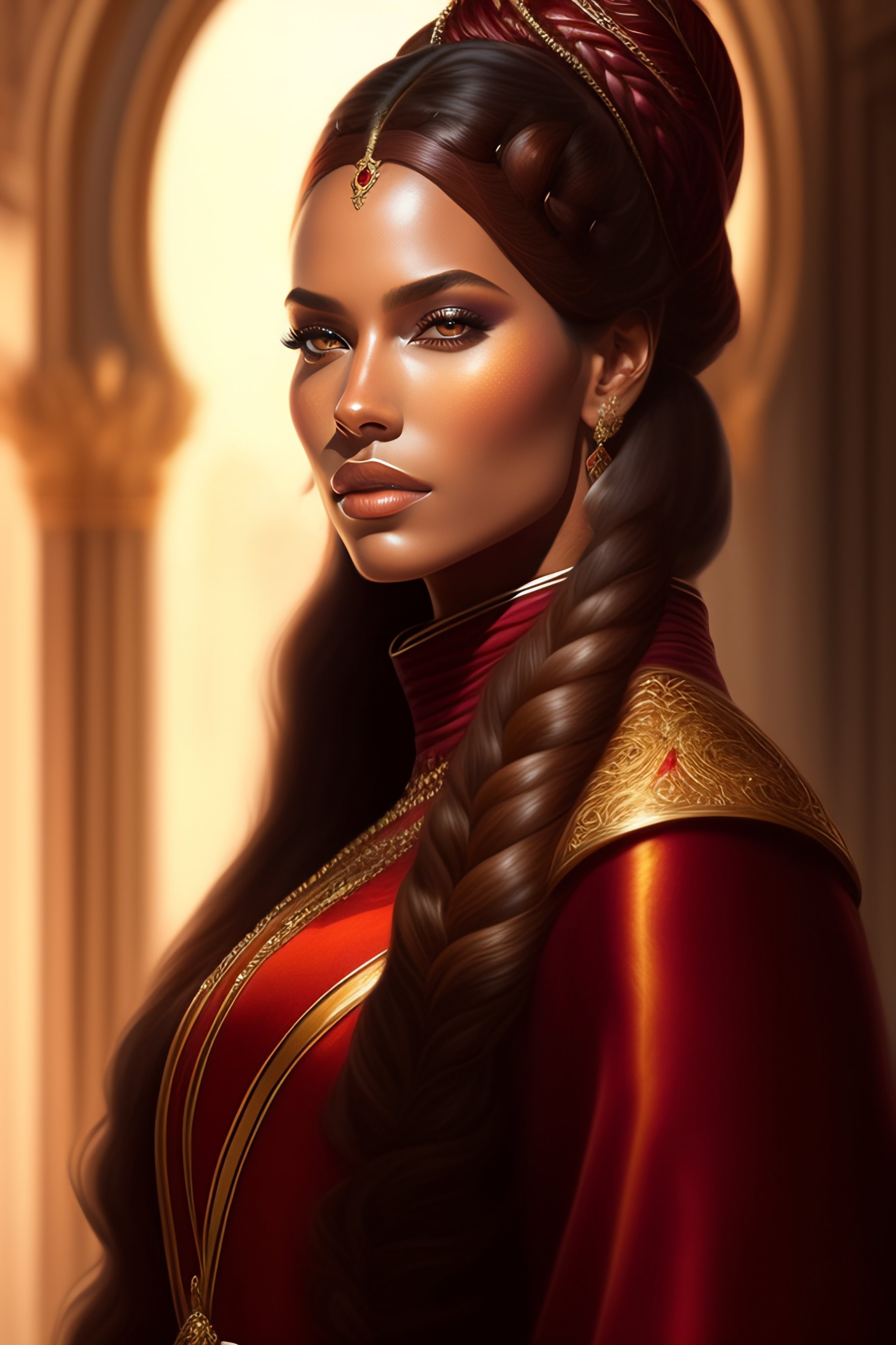 Lexica - Portrait of a queen with long marsala color braided hair ...