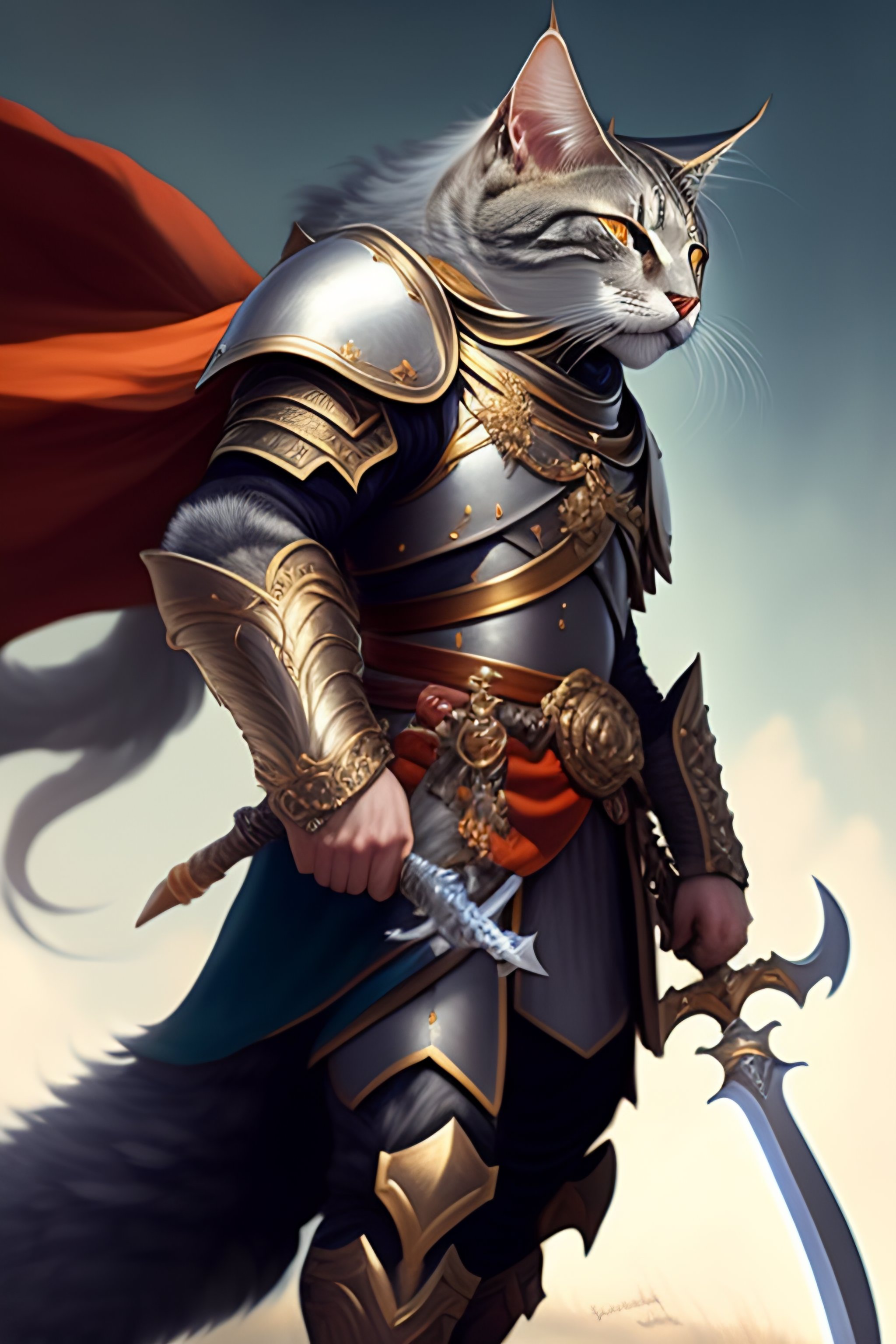 Lexica - A detailed full length of grey mainecoon cat in armor with ...