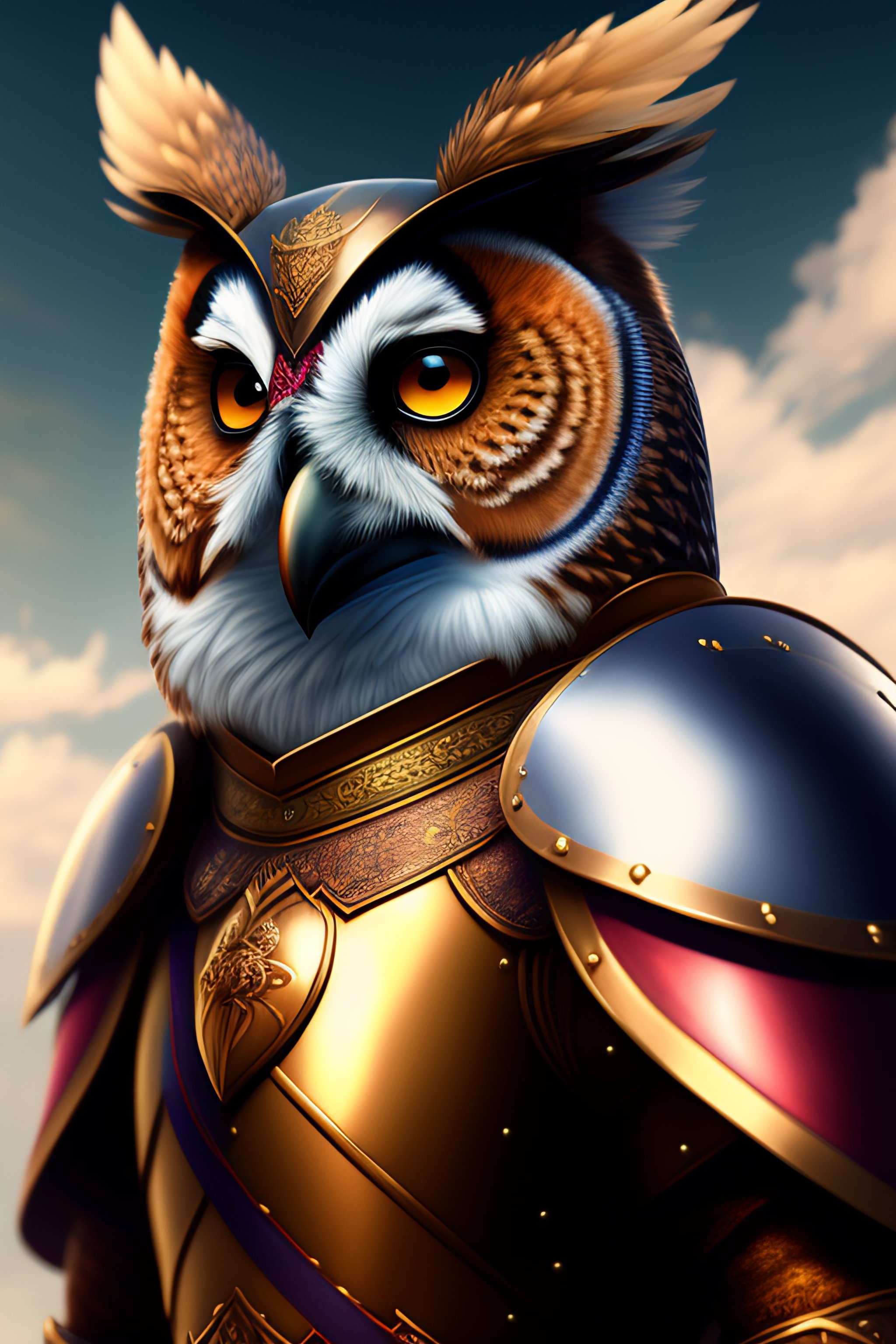 Lexica - Portait of a owl in royal armor with sword and shield, anime style