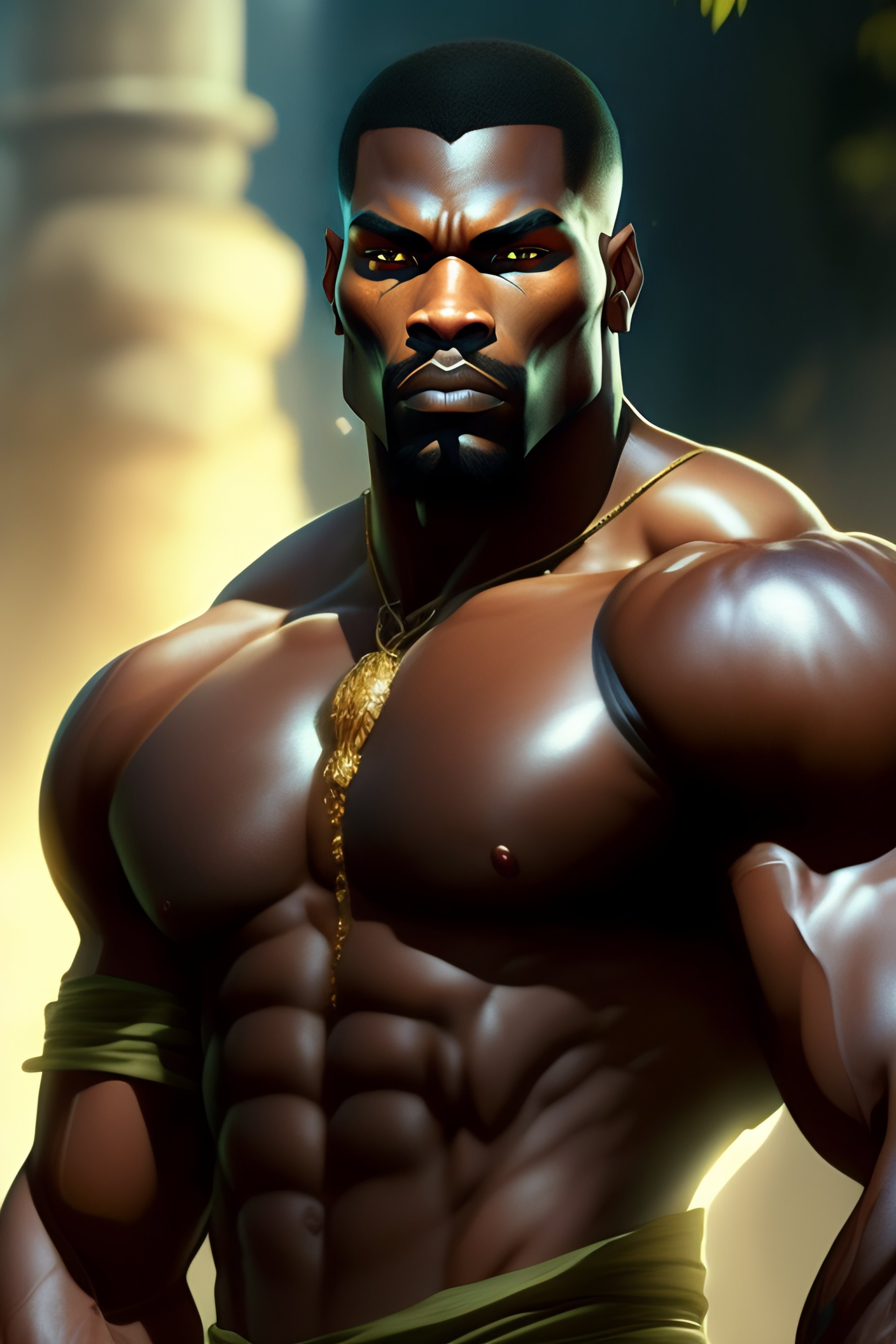 Lexica A towering and muscular man with dark skin and a shaved head