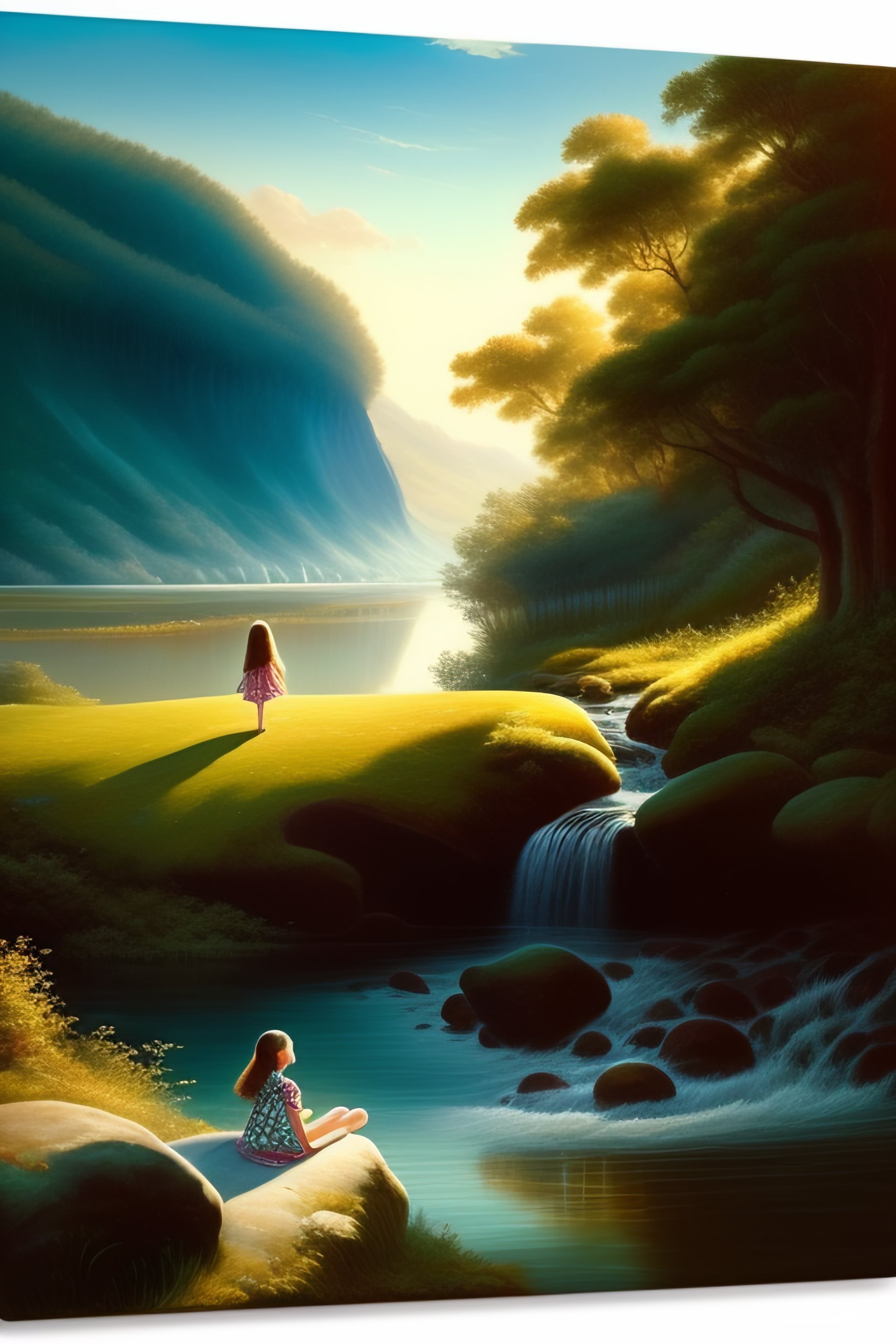 Lexica - A young girl with her feet in the water of a stream, looking ...