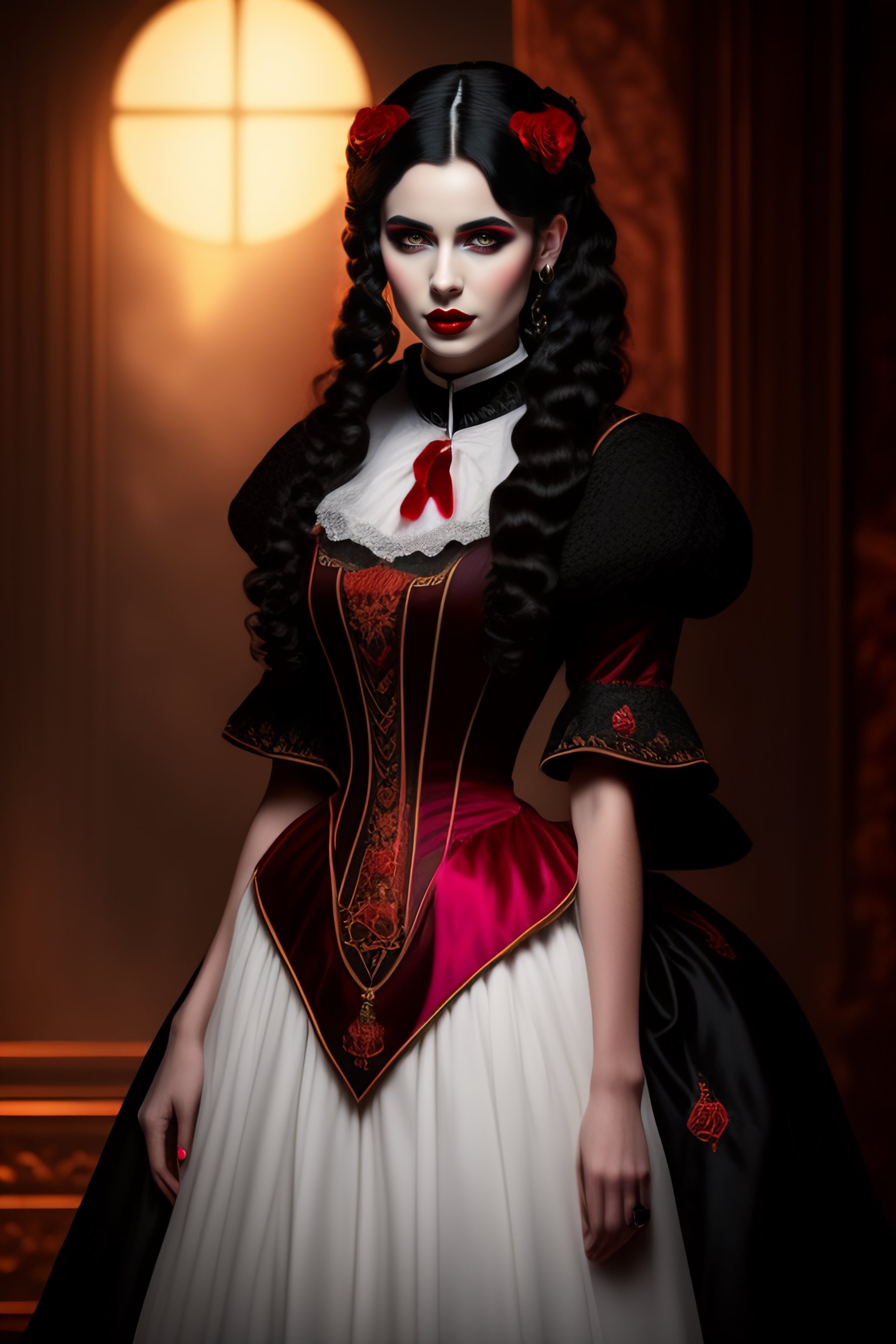 Lexica - Beautiful young vampire woman, black victorian era dress, full  body, red eyes, red lips, black hair, pale skin, fantasy setting, 4k
