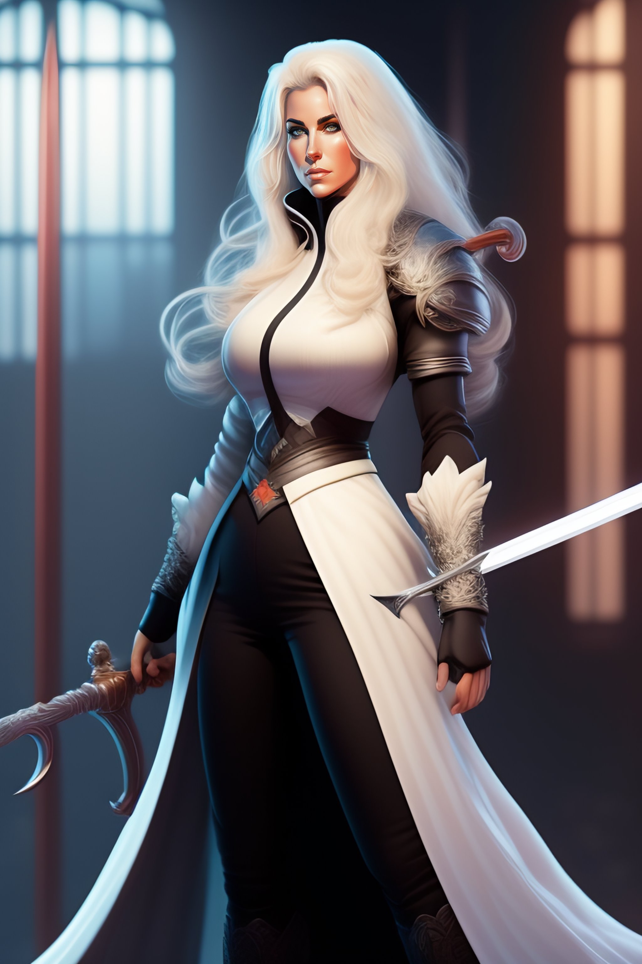 Lexica - Full body portrait of female swordsman, long white hair, black ...