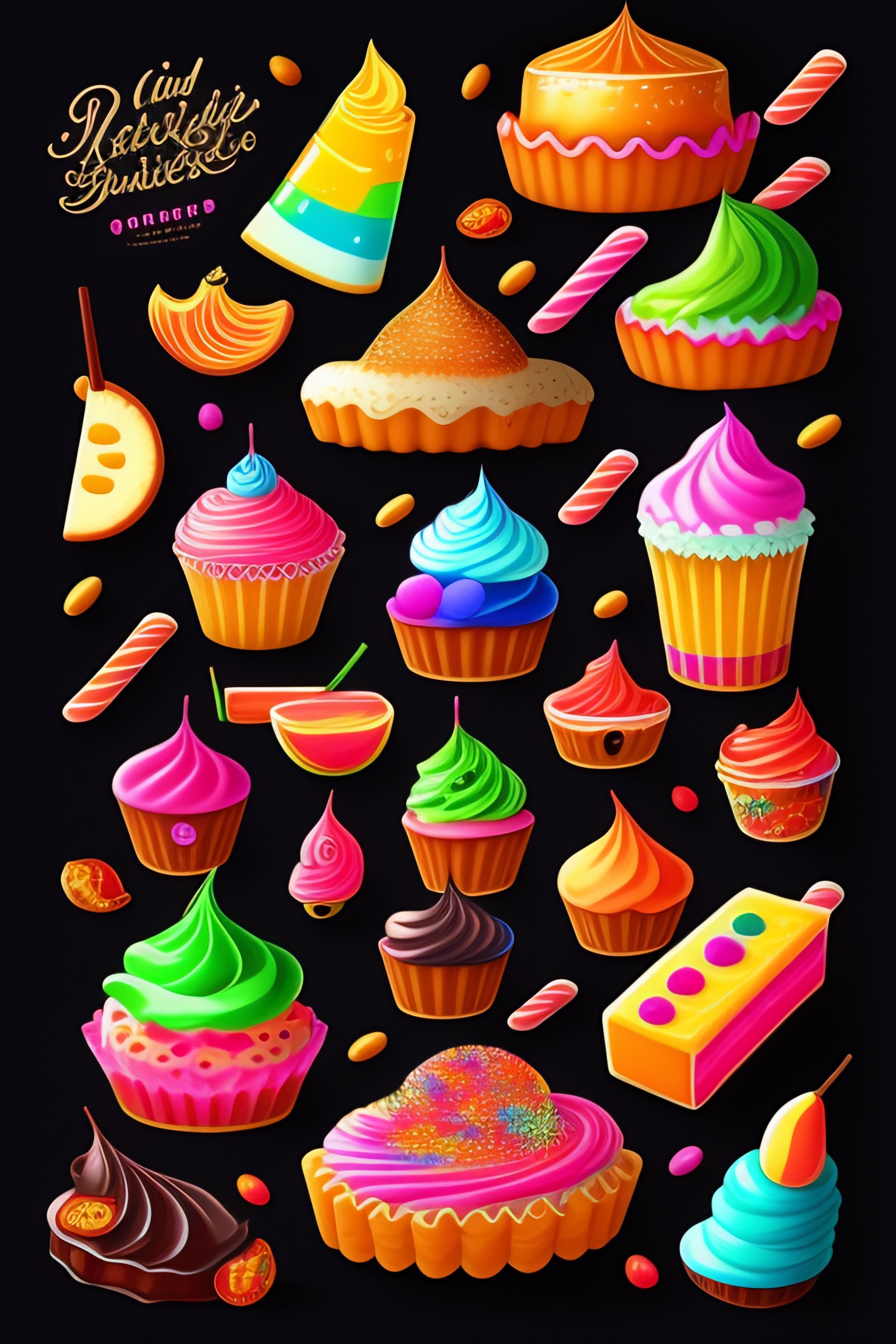 Lexica - Colorful, kawaii sweets food on pale black paper, very ...