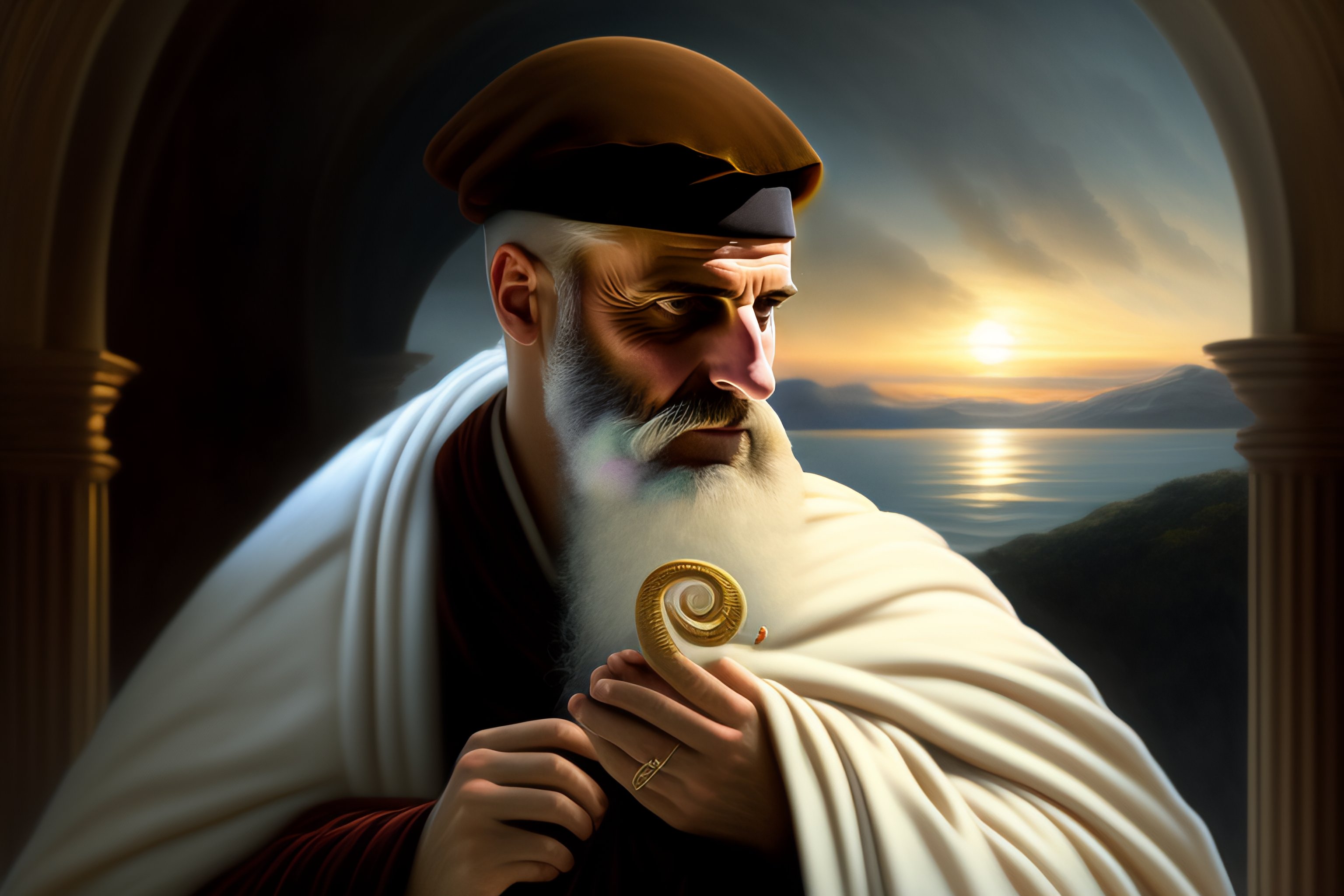 Lexica - Greek monk in dark robe hold a white snake