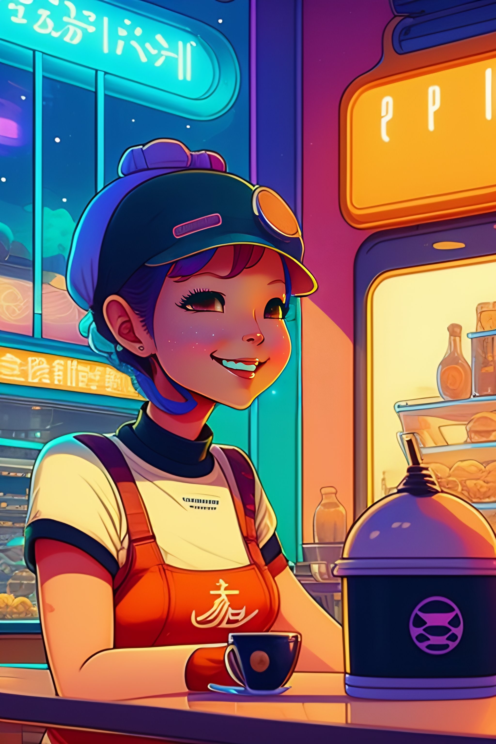 Lexica - Photo of a smiling alien at a cafe, style of laurie greasley ...