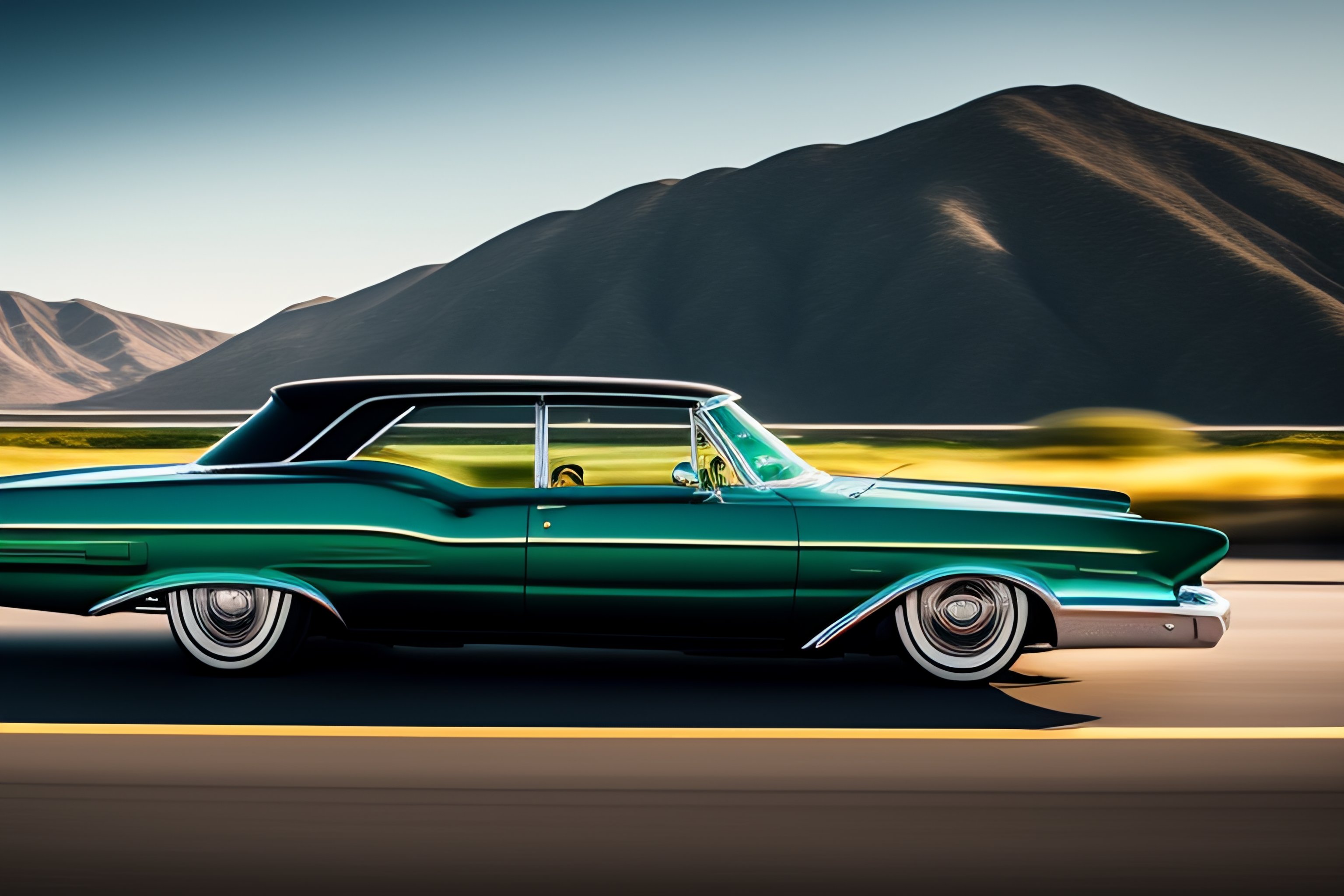 Lexica - The side of a lowrider with wheels on the freeway