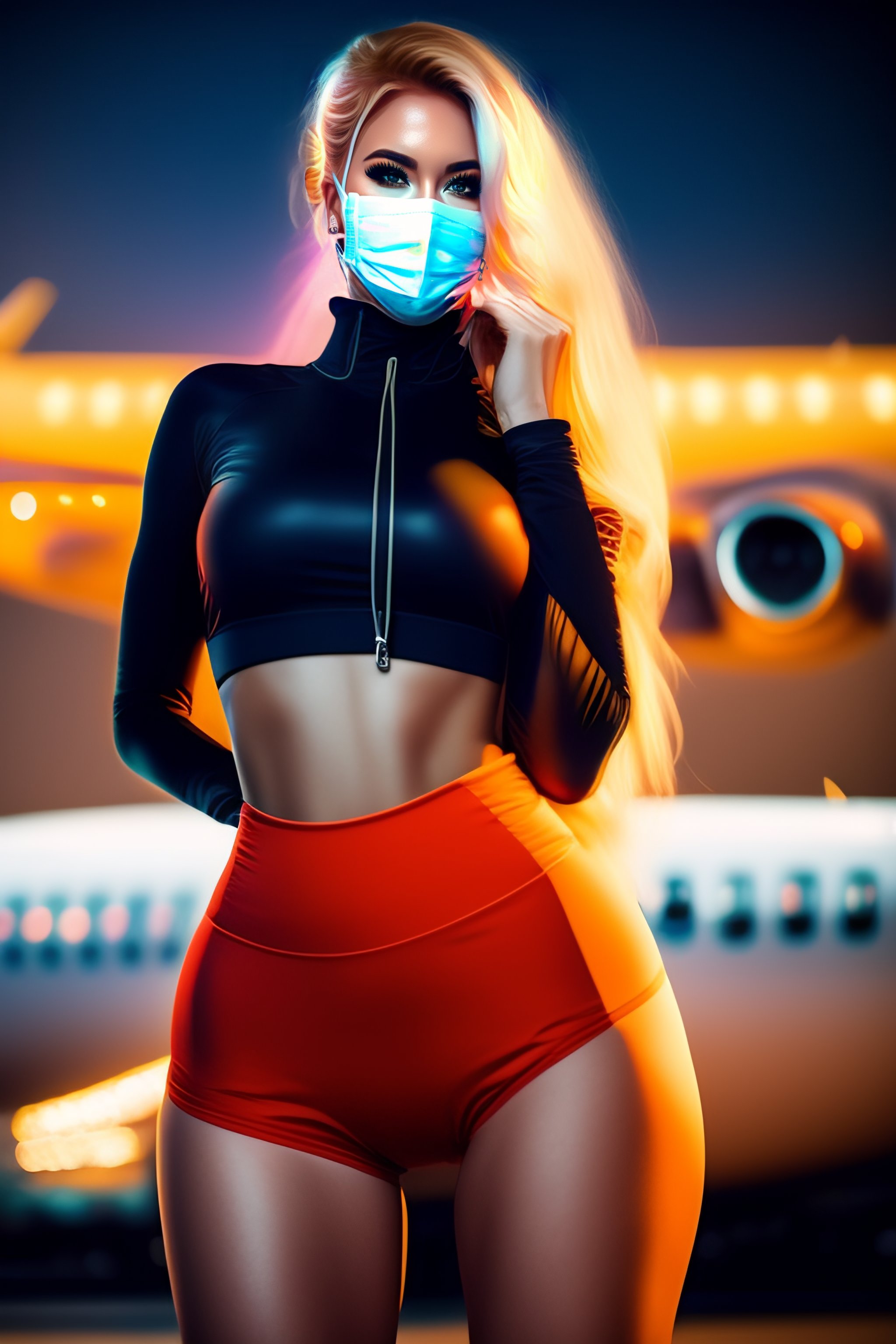 Lexica Shy 90s anime Blonde woman in yoga pants sitting on airplane