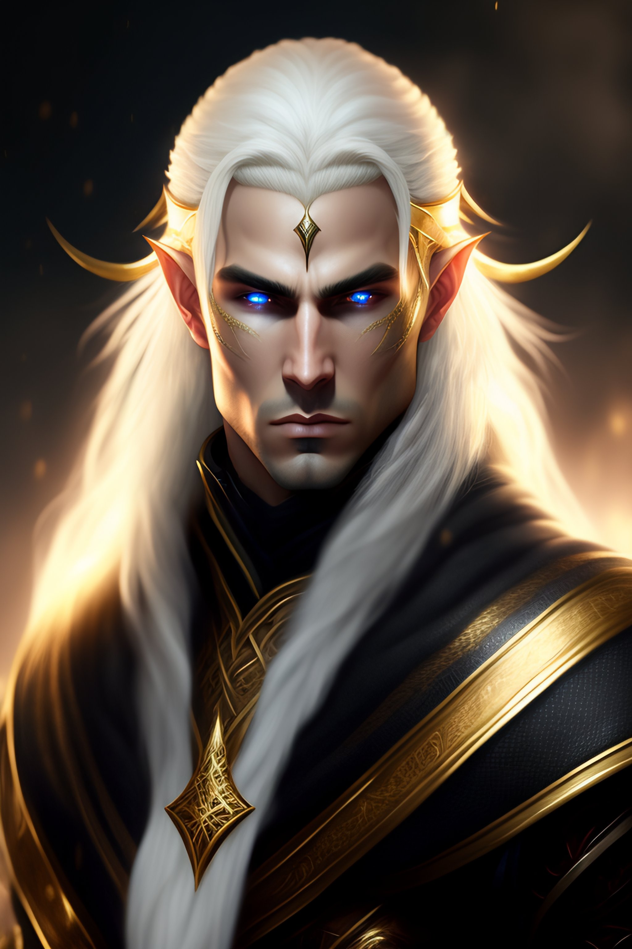 Lexica - Elf male rogue, white eyes, hd, black robe, white skin, gold hair