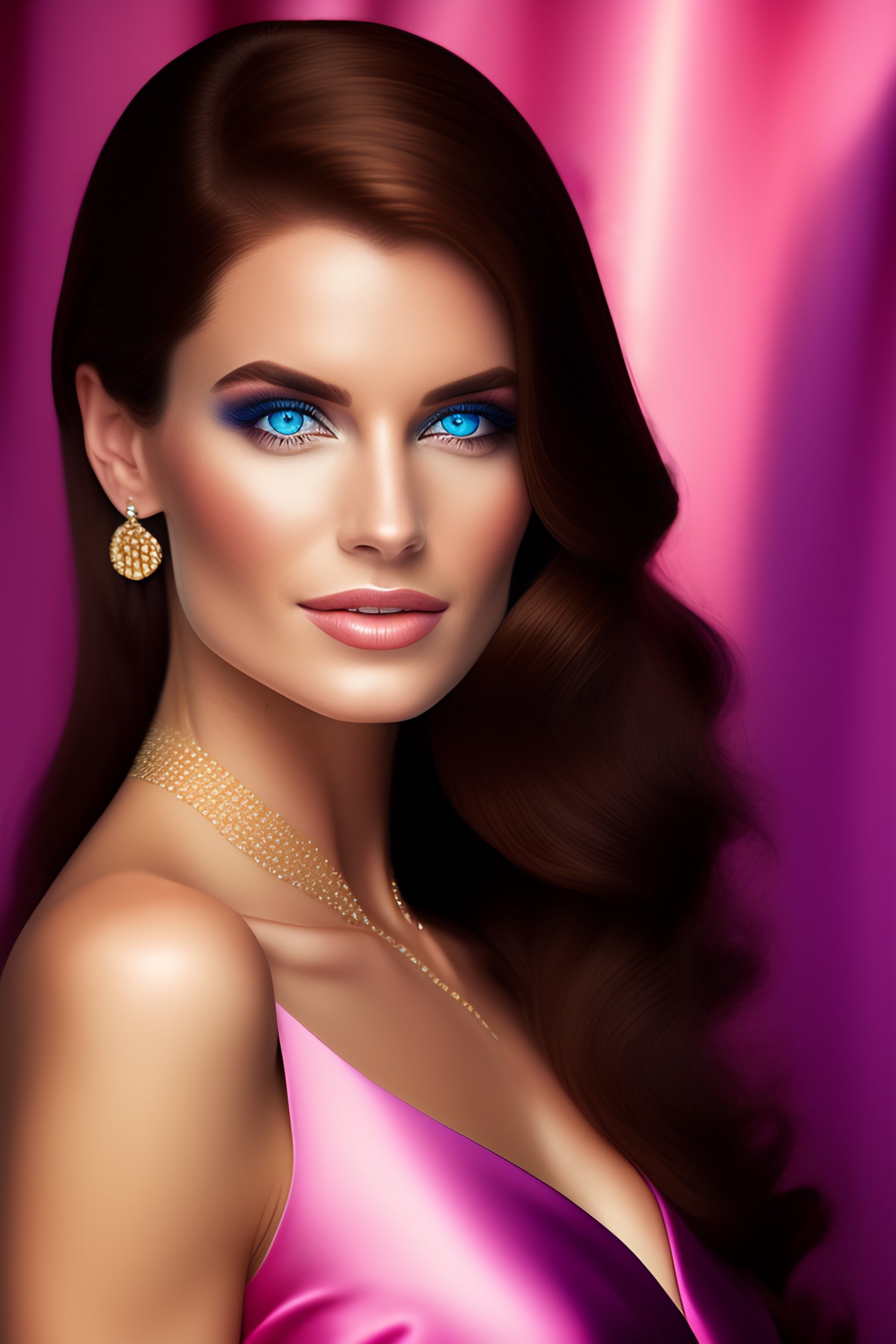 Lexica A lovely women in a pink dress brown hair blue eyes realistic