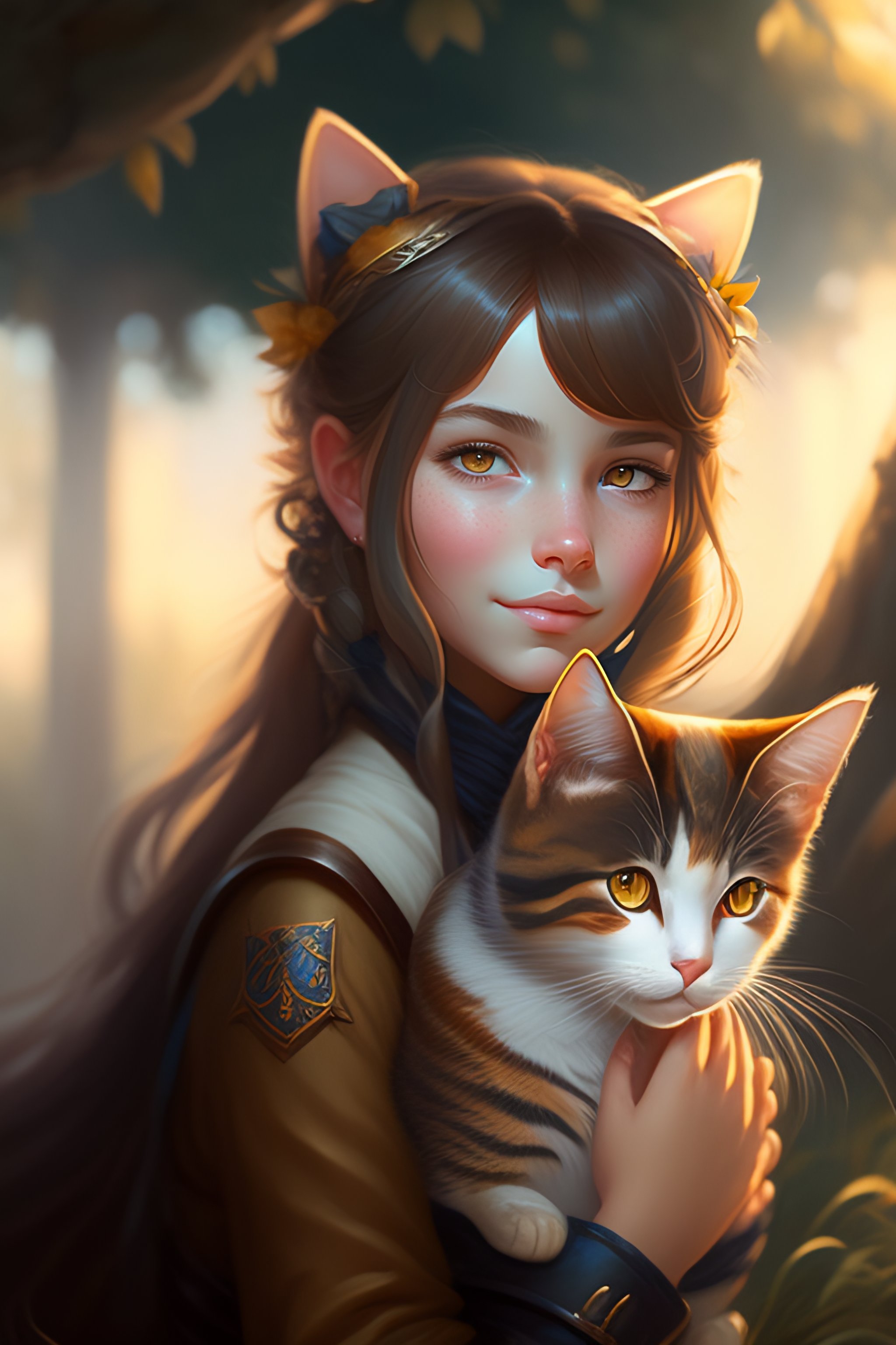Lexica - A detailed portrait of a cute calm brunette girl hugging a ...