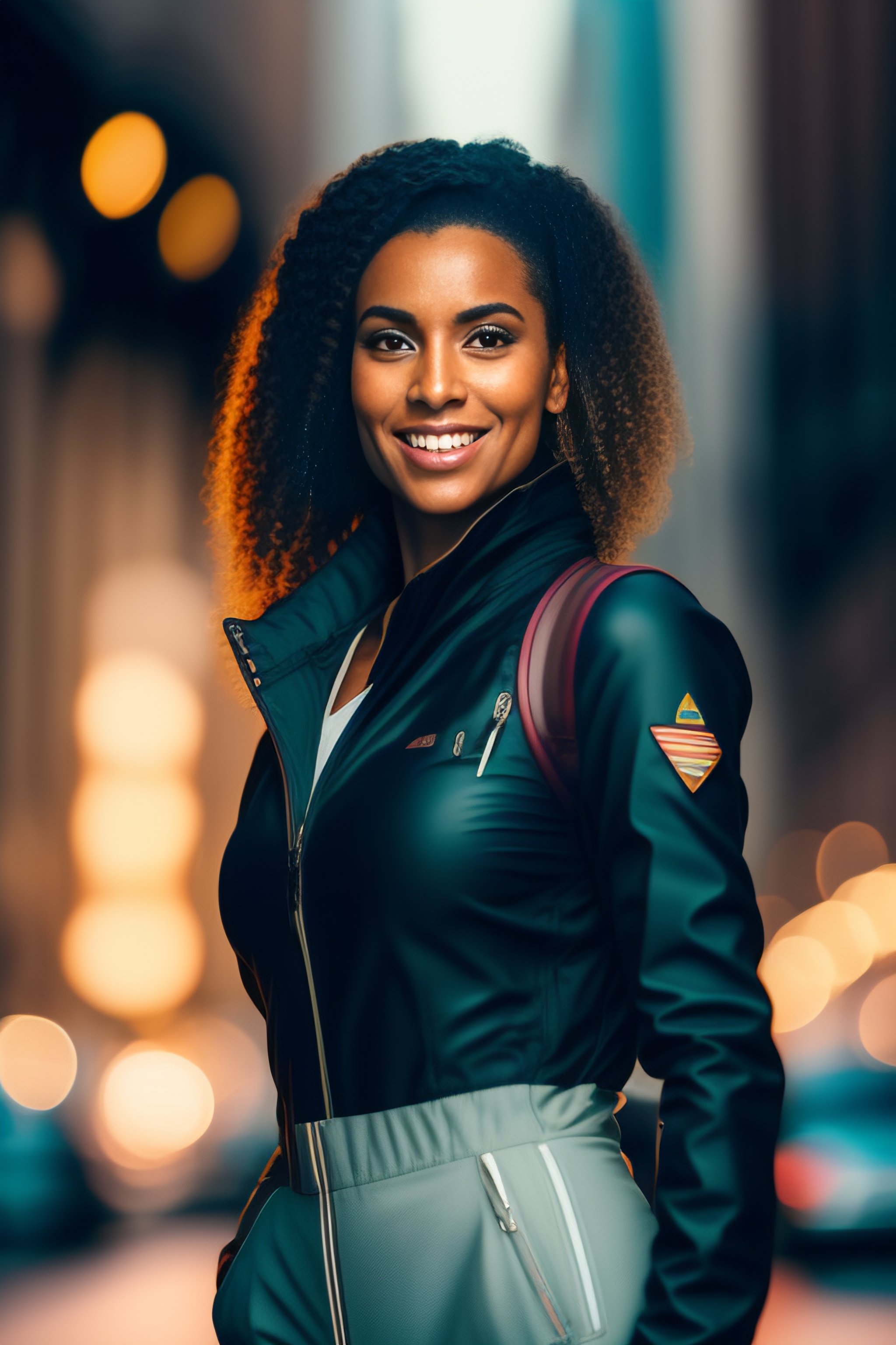 Lexica - Cross-armed woman looking to the side and smiling in a city