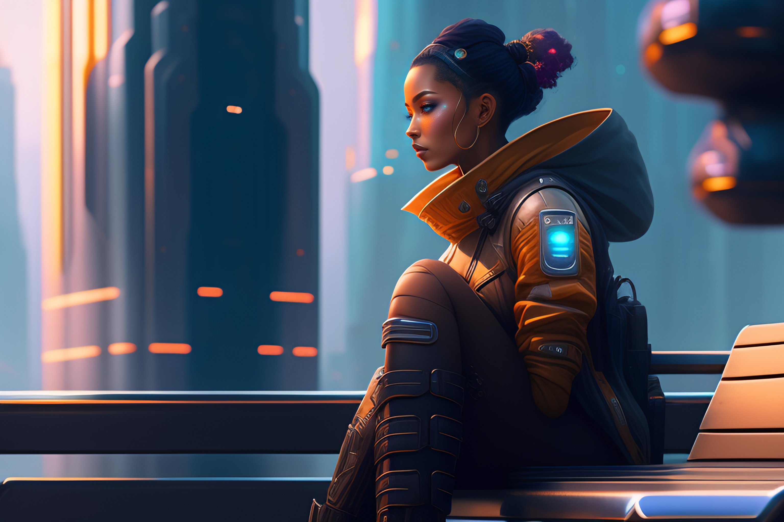 Lexica - Cyborg sitting on a bench in futuristic city, stephen bliss ...