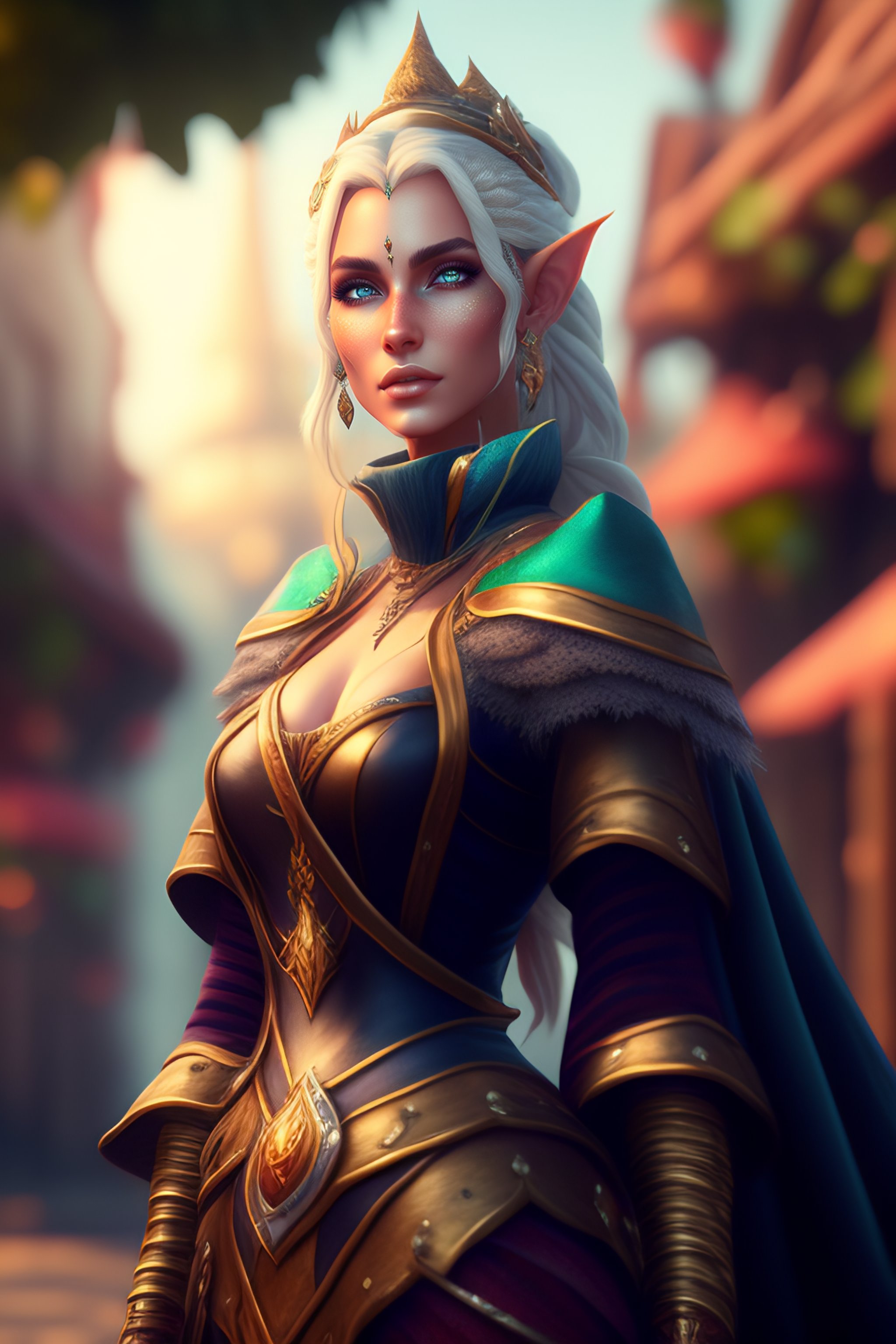 Lexica - A beautiful elf in fantasy town on market place, digital art ...