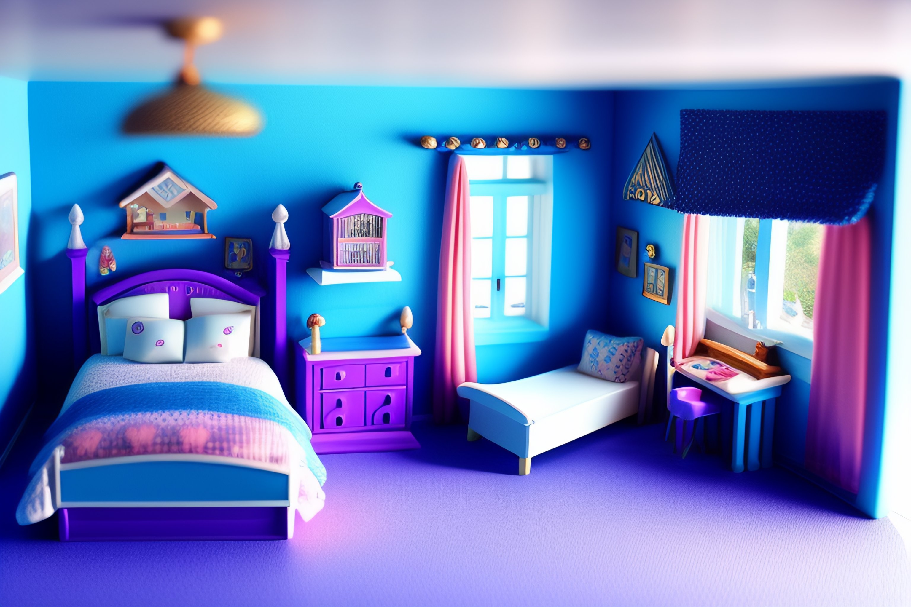 Lexica - Cute Drawing 2D side-on doll house room of a blue large