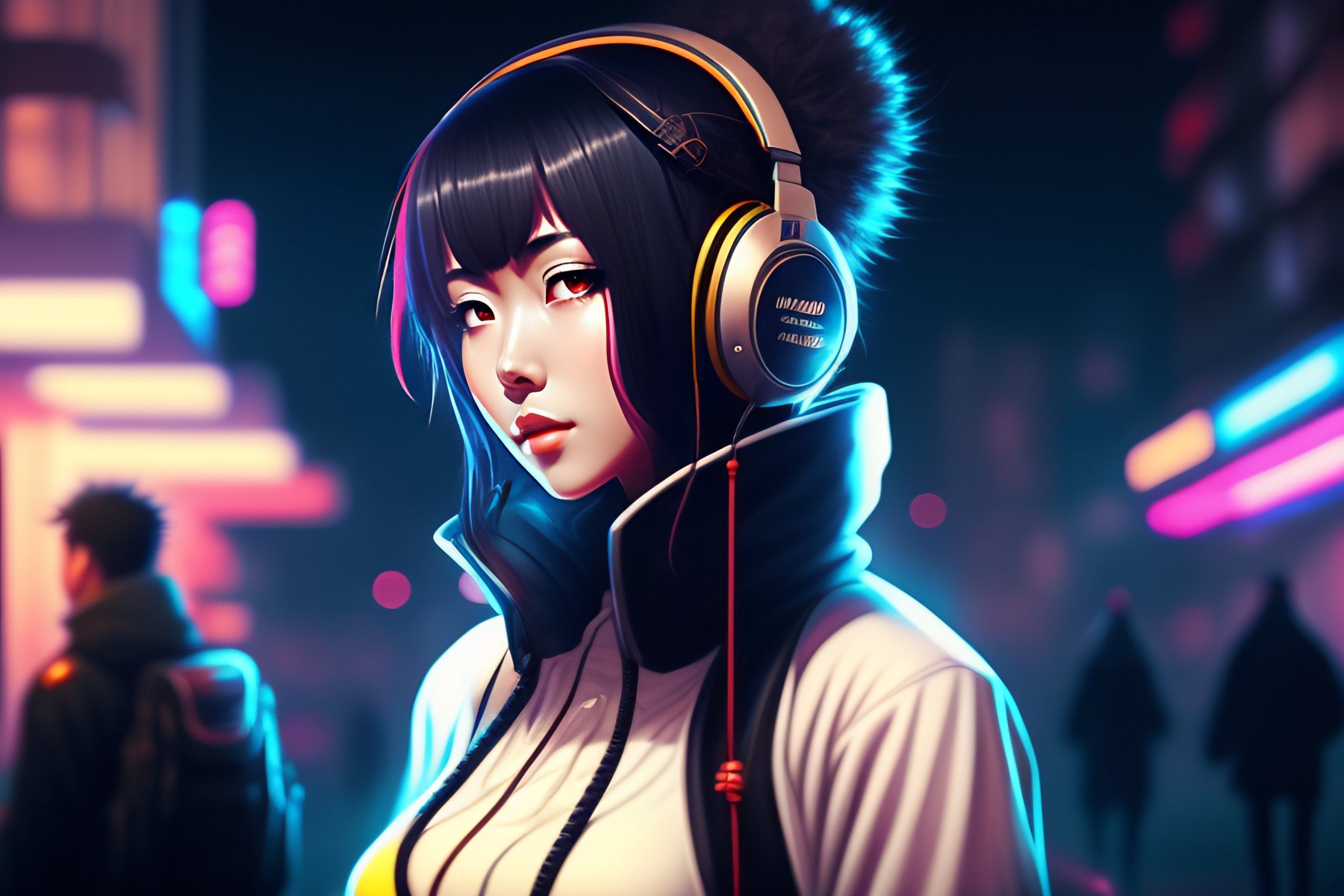 Lexica - Anime woman listen techno music in a dystopic city in the night