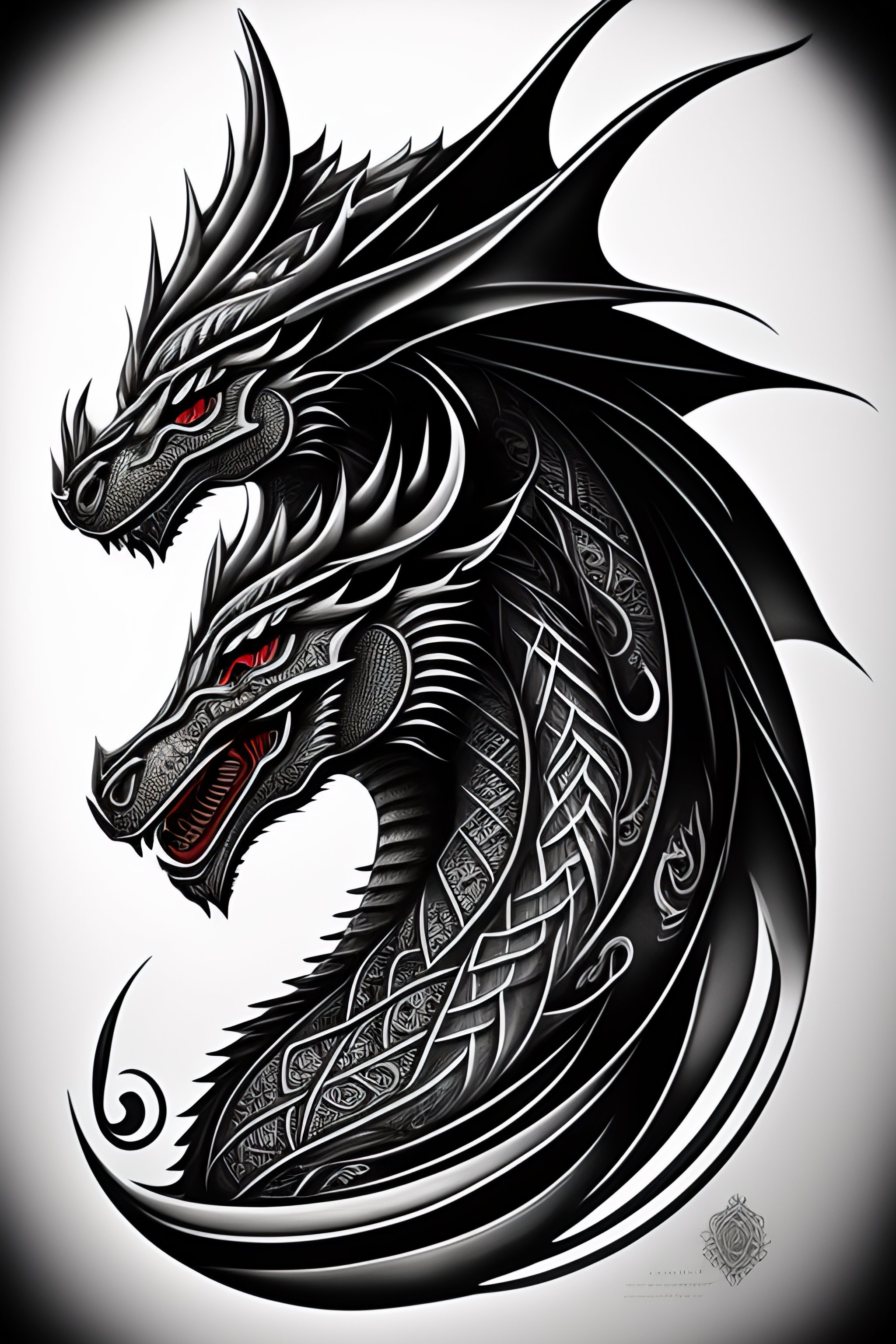 Lexica - Symetrical art of dragon head, tatoo linework,