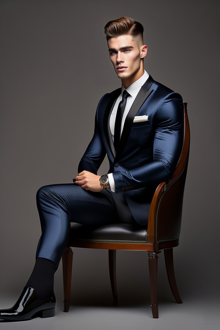 Lexica - A male top model, in a black suit, sitting on a chair