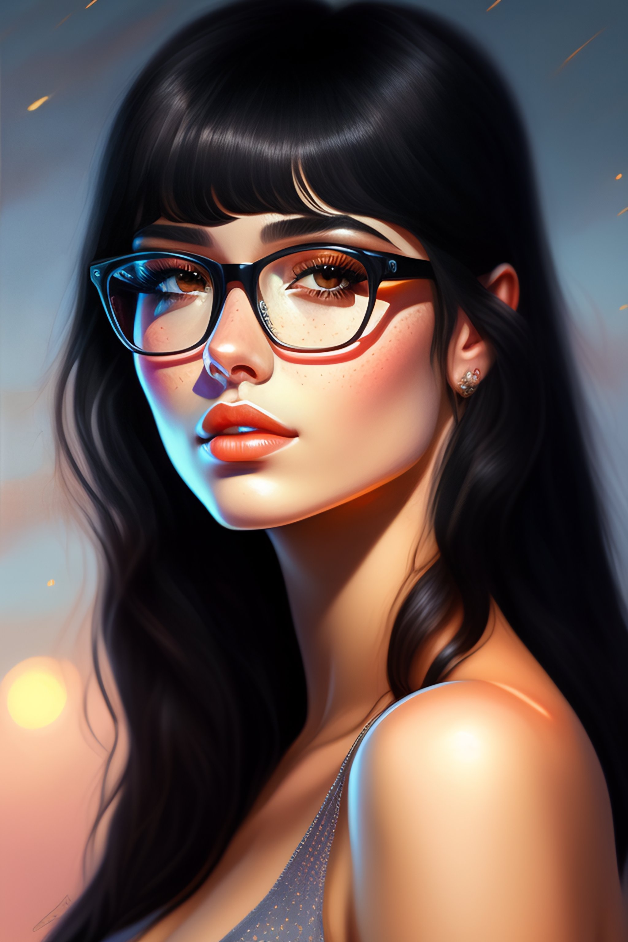 Lexica E Girl Fully Body Black Hair Bangs Hairstyle Glasses Small Freckles High Detail 8662