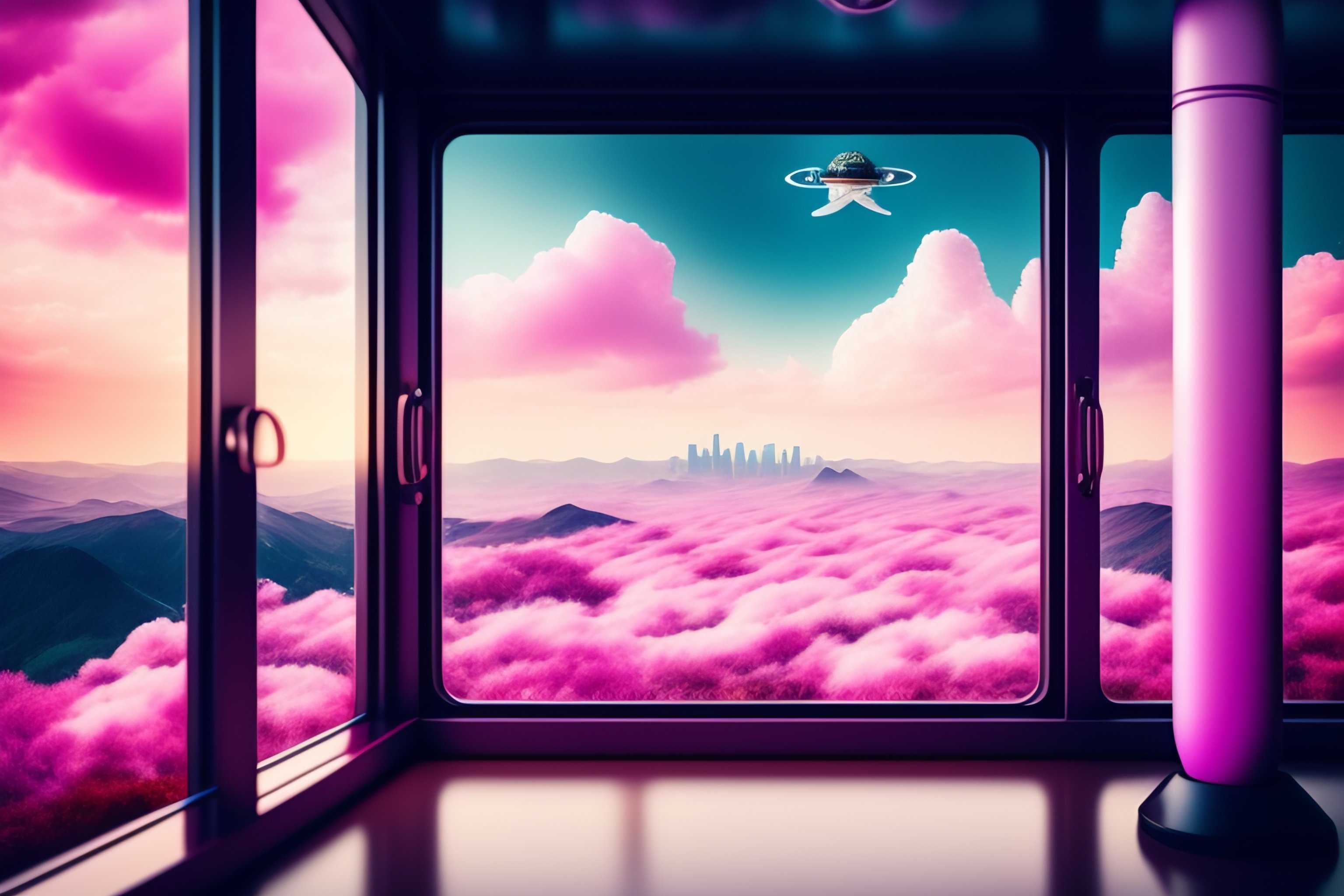 Lexica Skyline window rainy space city pink clouds