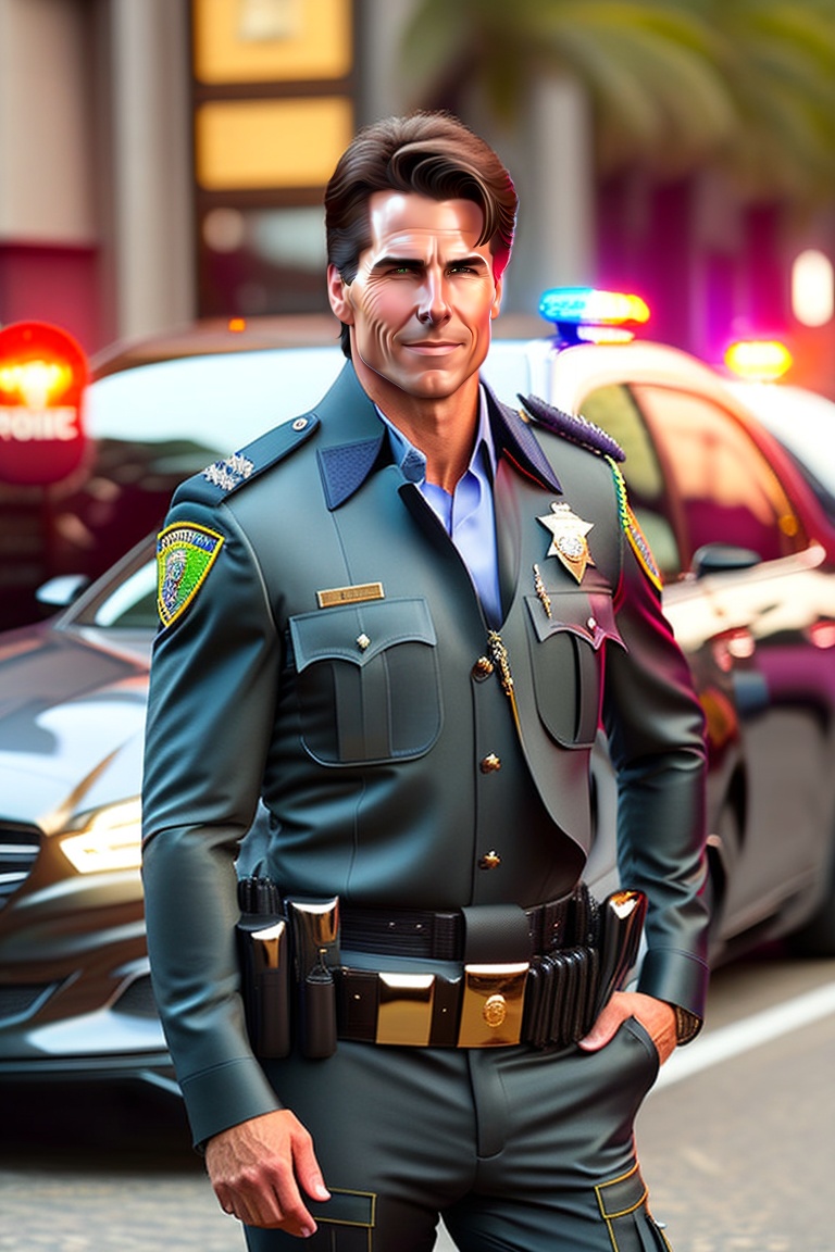 Lexica - Tom cruise in a police costume, standing in front of police car.