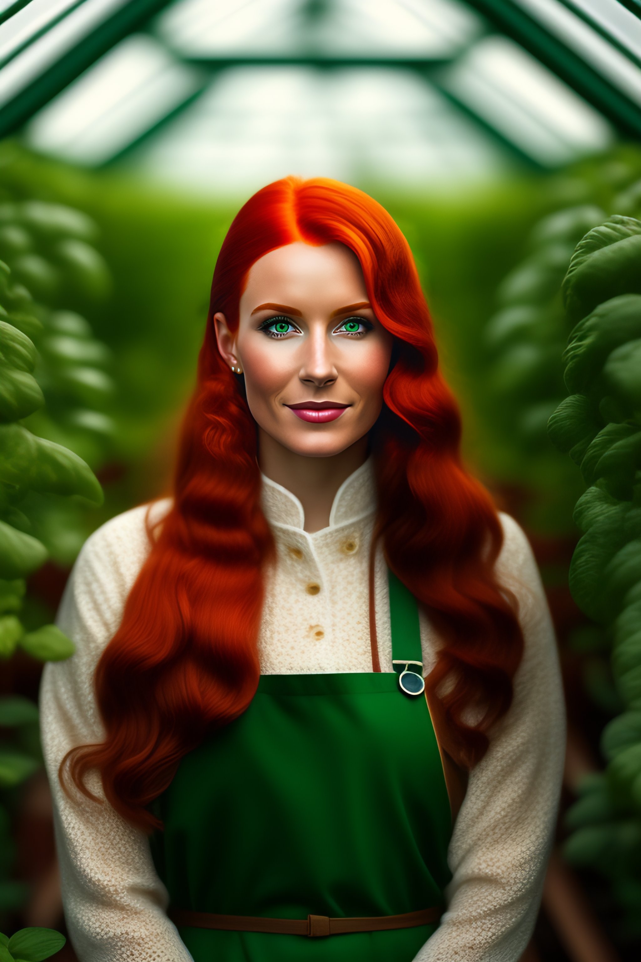 Lexica - Portrait of red haired girl gardener in a green house