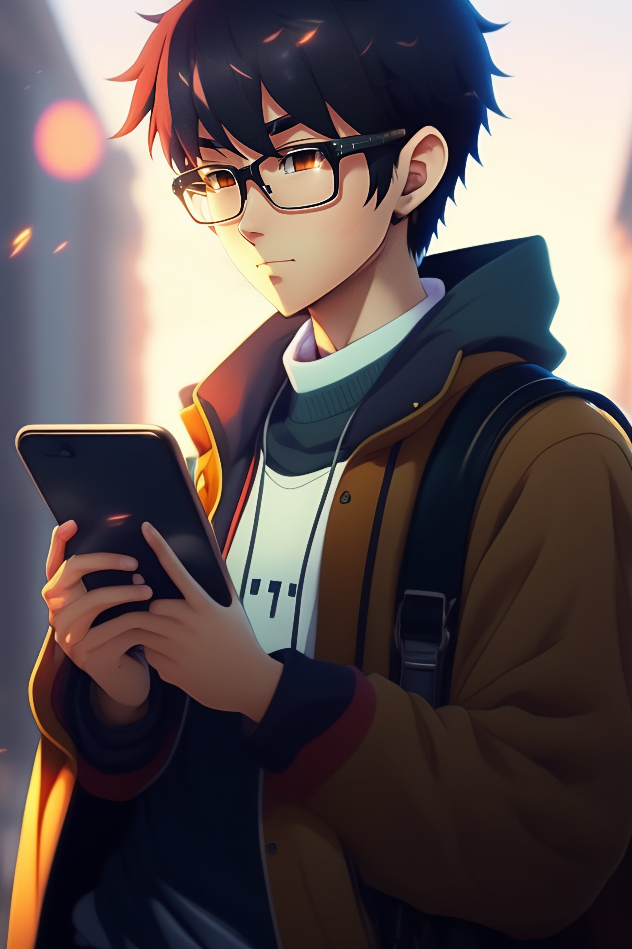 Lexica - A nerdy anime boy is using the phone scrolling in instagram , by  makoto shinkai and ghibli studio, dramatic lighting, highly detailed,  incre...