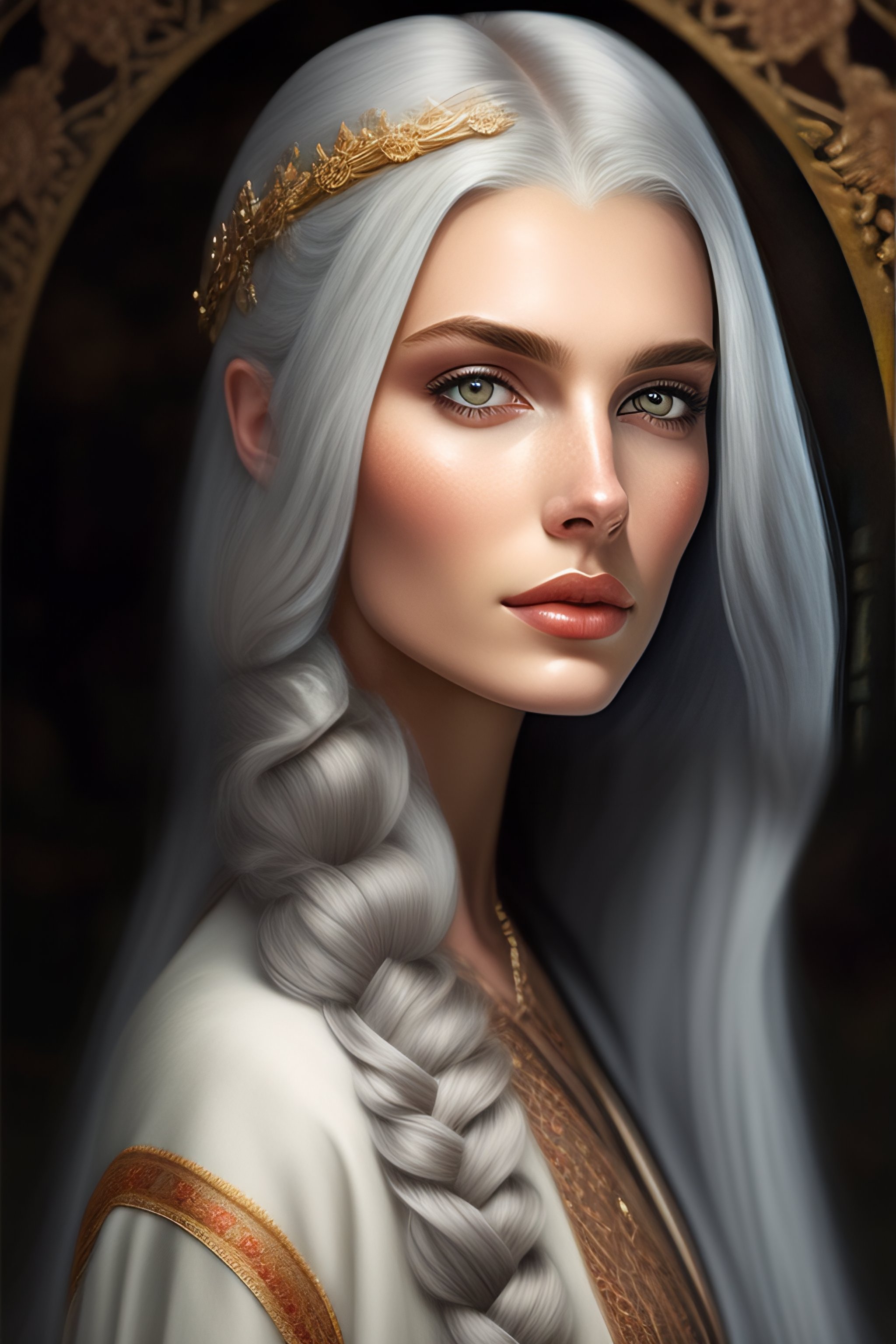 Lexica - Female giant, gray hair, thin, pale skin, long braid, medieval