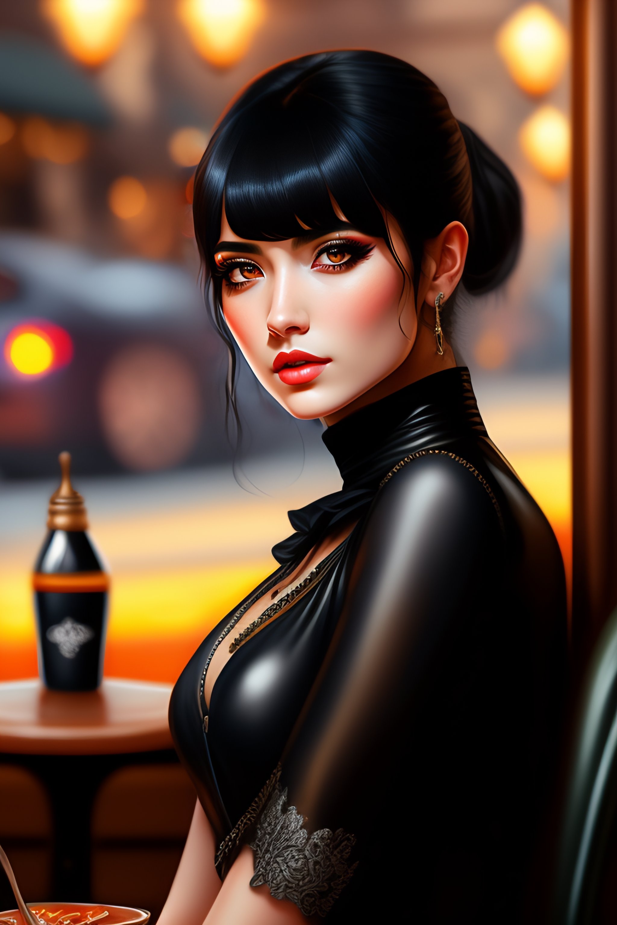 Lexica Gothic egirl, Fully body, Black hair, Bangs, In a cafe, High