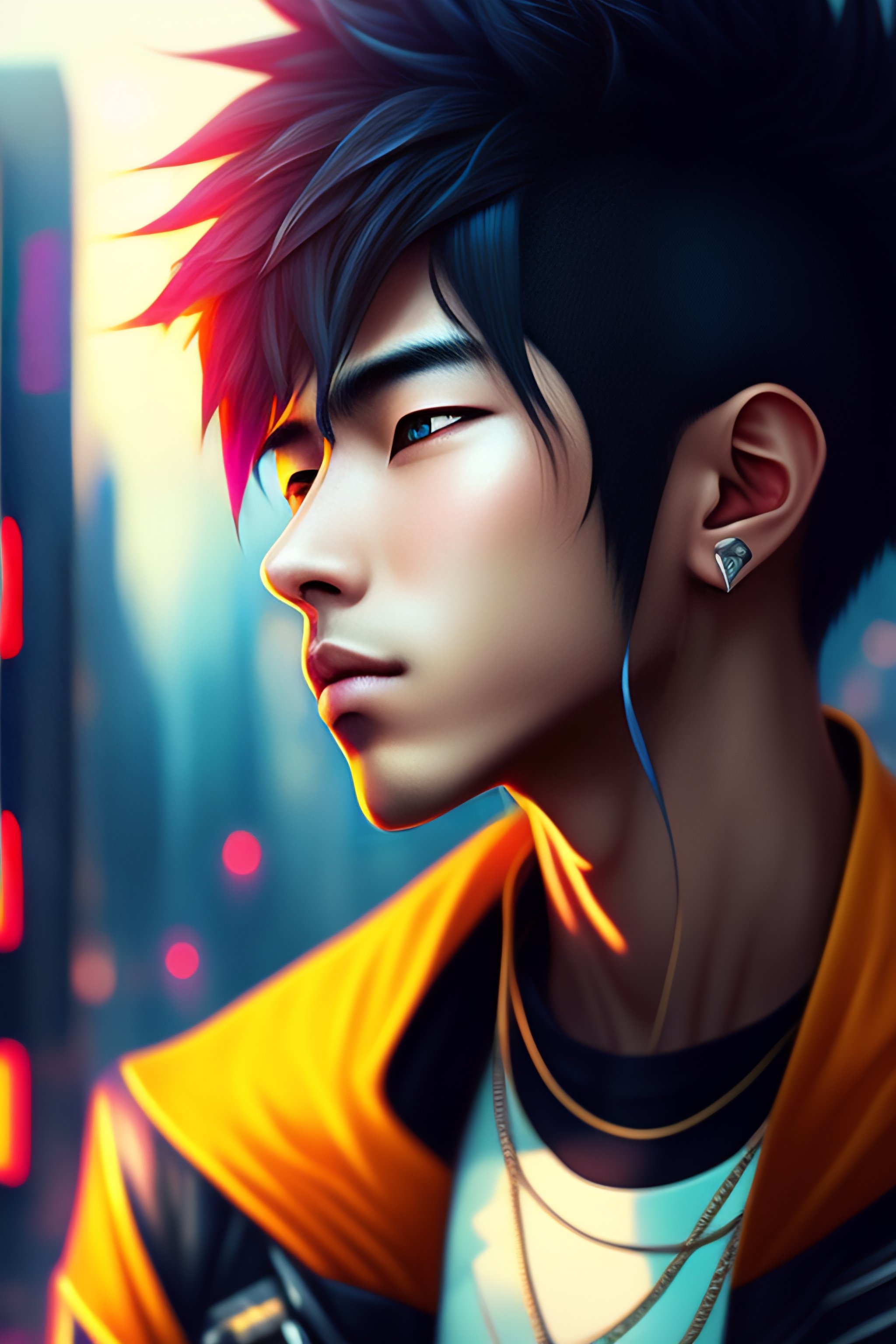 Lexica - Portrait of a cool anime boy in a cyberpunk world, very stylish,  with a cyborg eye