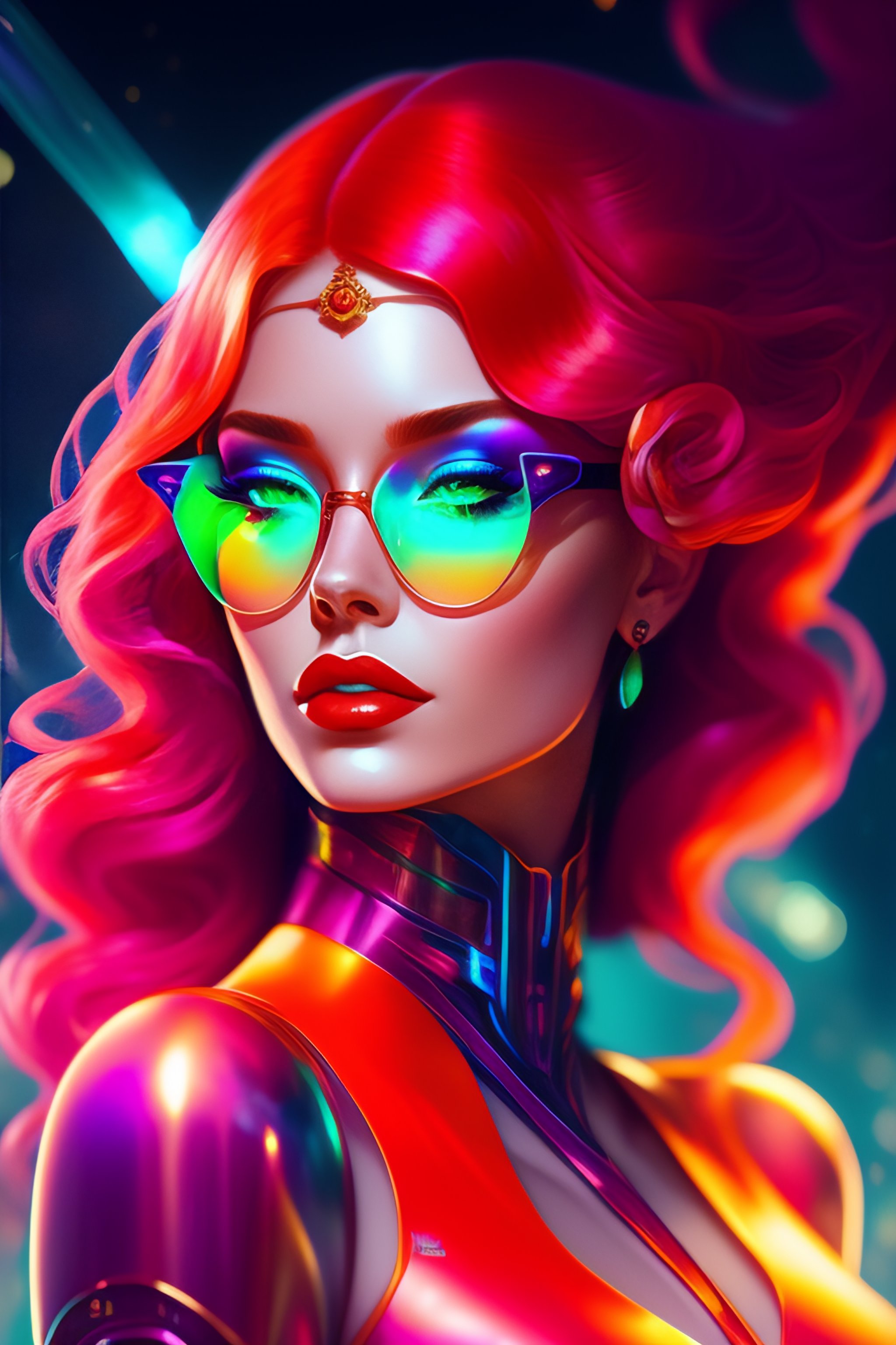 Lexica - A cybernetic goddess with red hair green eyes and glasses ...