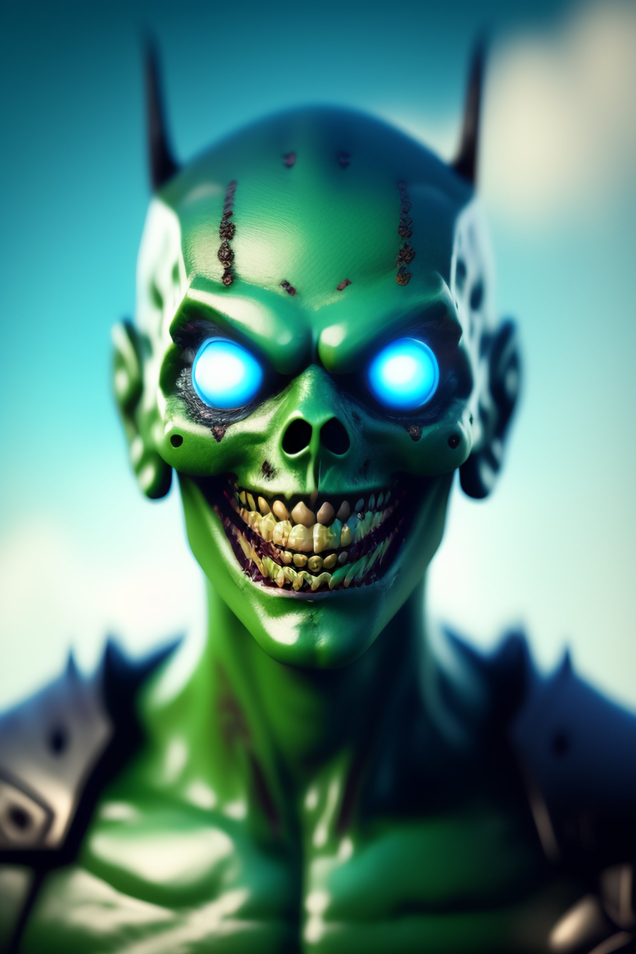 Lexica - Prototype android zombie with menacing smile, big buldging eyes,  clean, blue sky, video game character concept