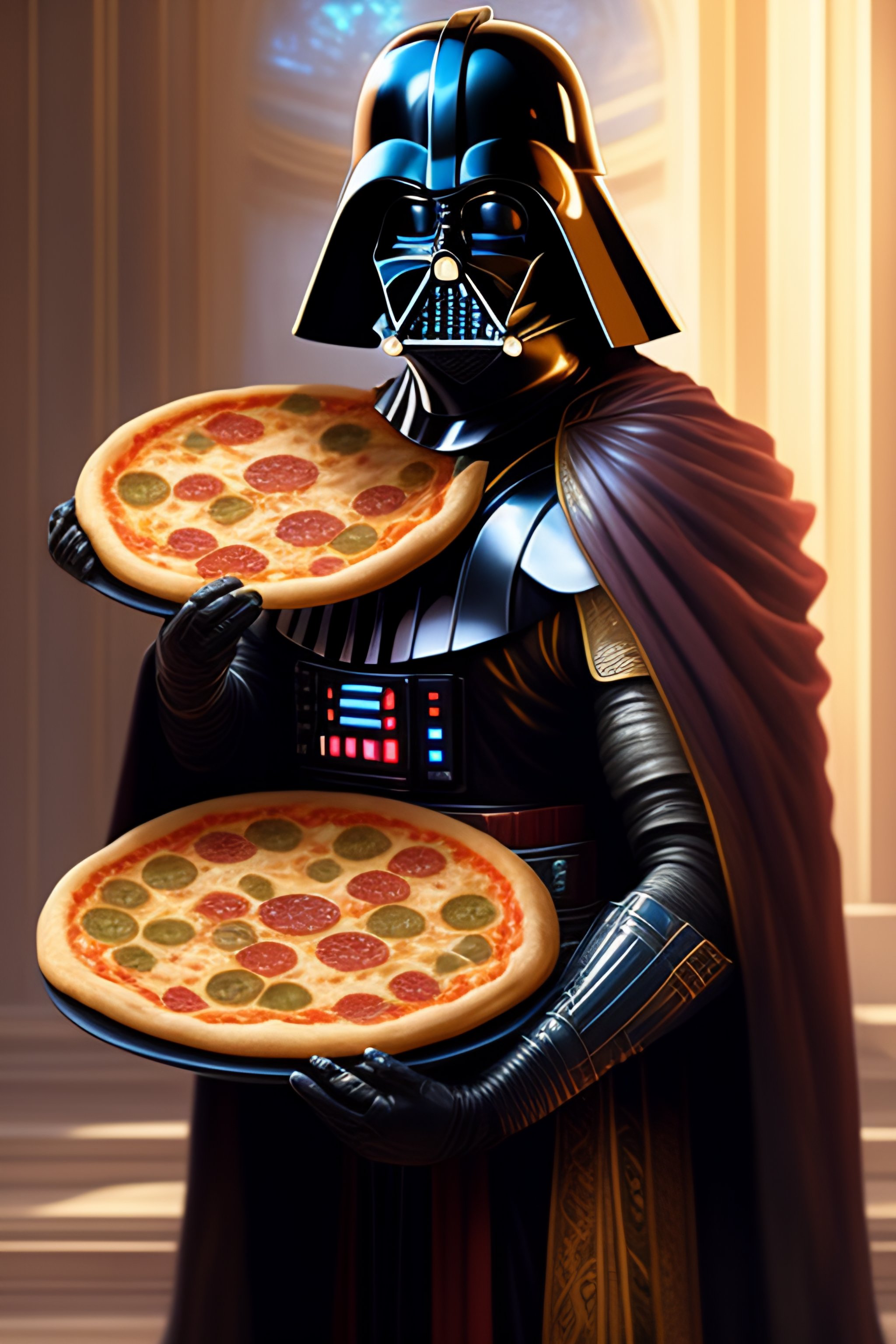 Lexica - Anime key visual of darth vader with a pizza in his hands, happy,  intricate, stunning, highly detailed, digital painting, artstation,  smooth...