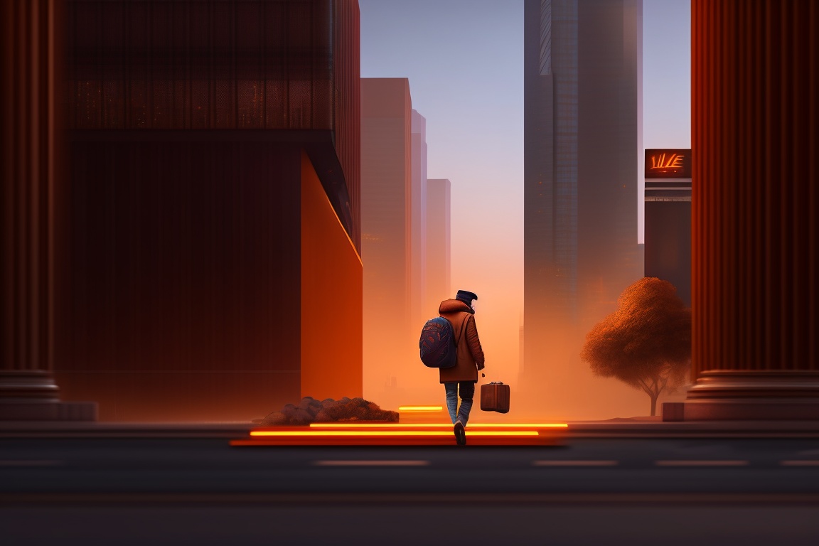 Lexica - A homeless person walking animated, city skyline, brown color ...