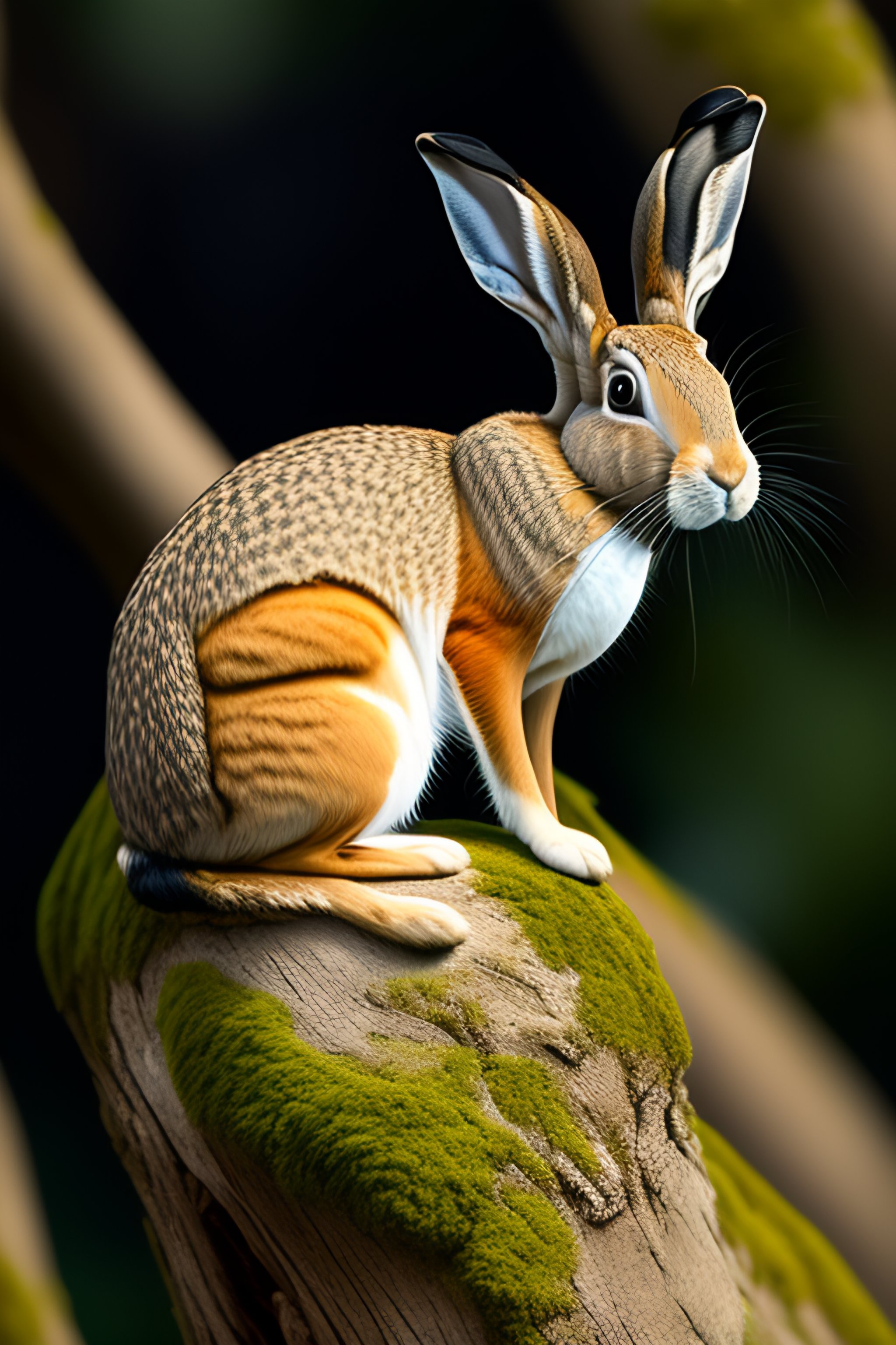 Lexica - A long-eared hare sits on a cypress branch