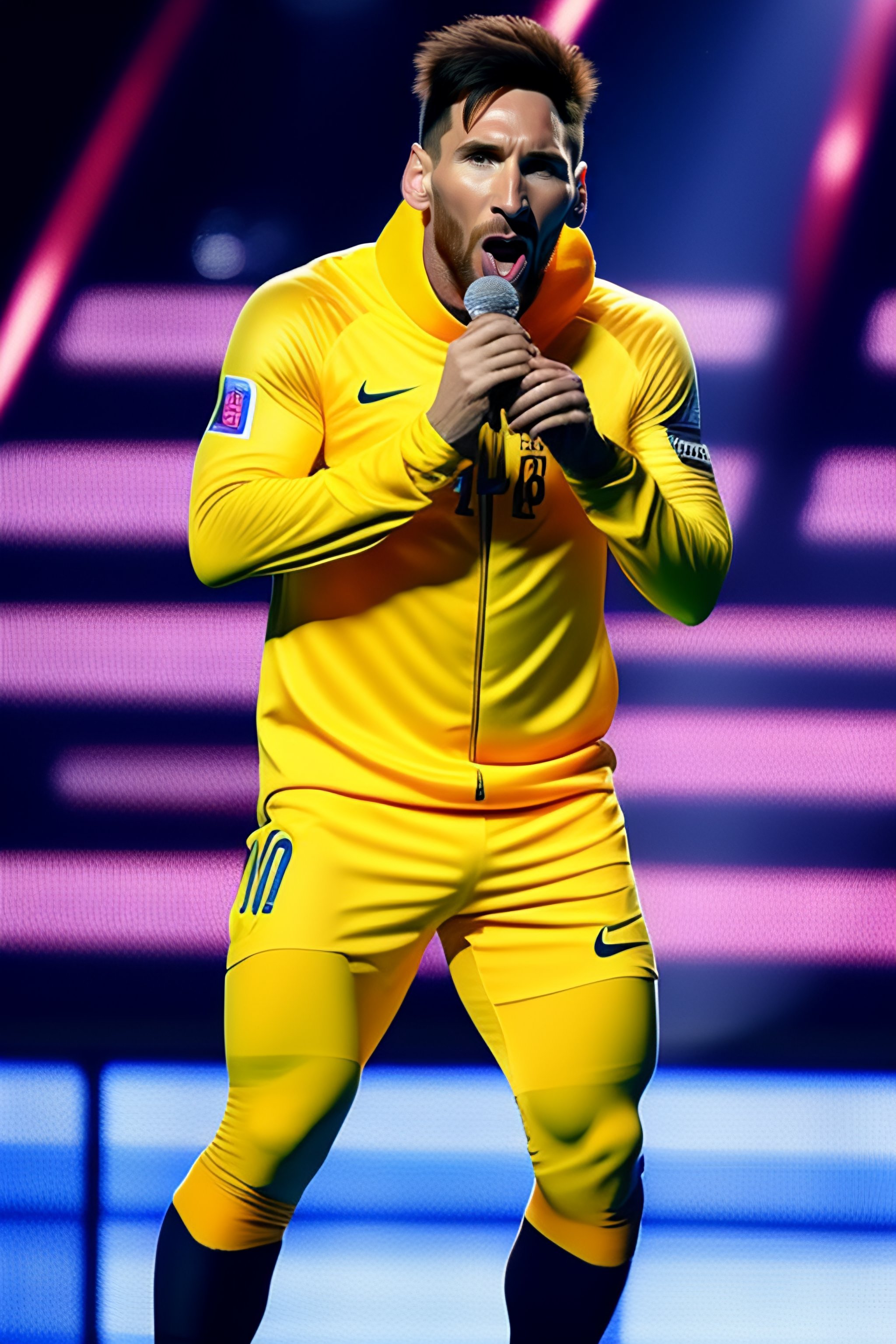 Lexica Lionel Messi wearing a banana costume singing in the final of