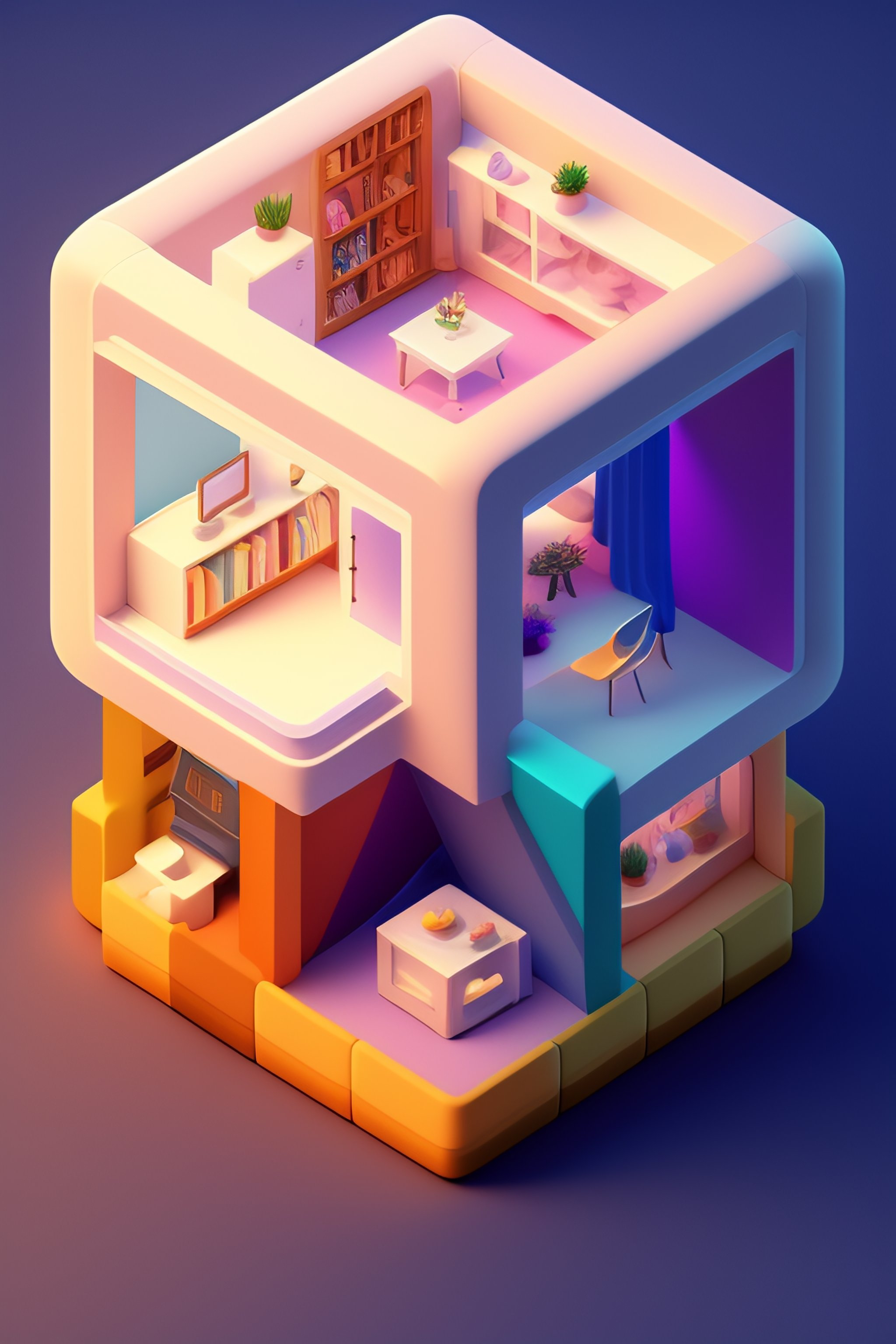 Lexica - Cube cutout of an isometric living room, 3d art, pastel colors ...