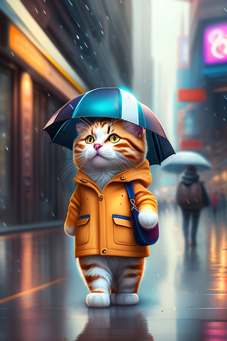 Lexica - Cute cat traveling in the city, with smile, wearing rain ...