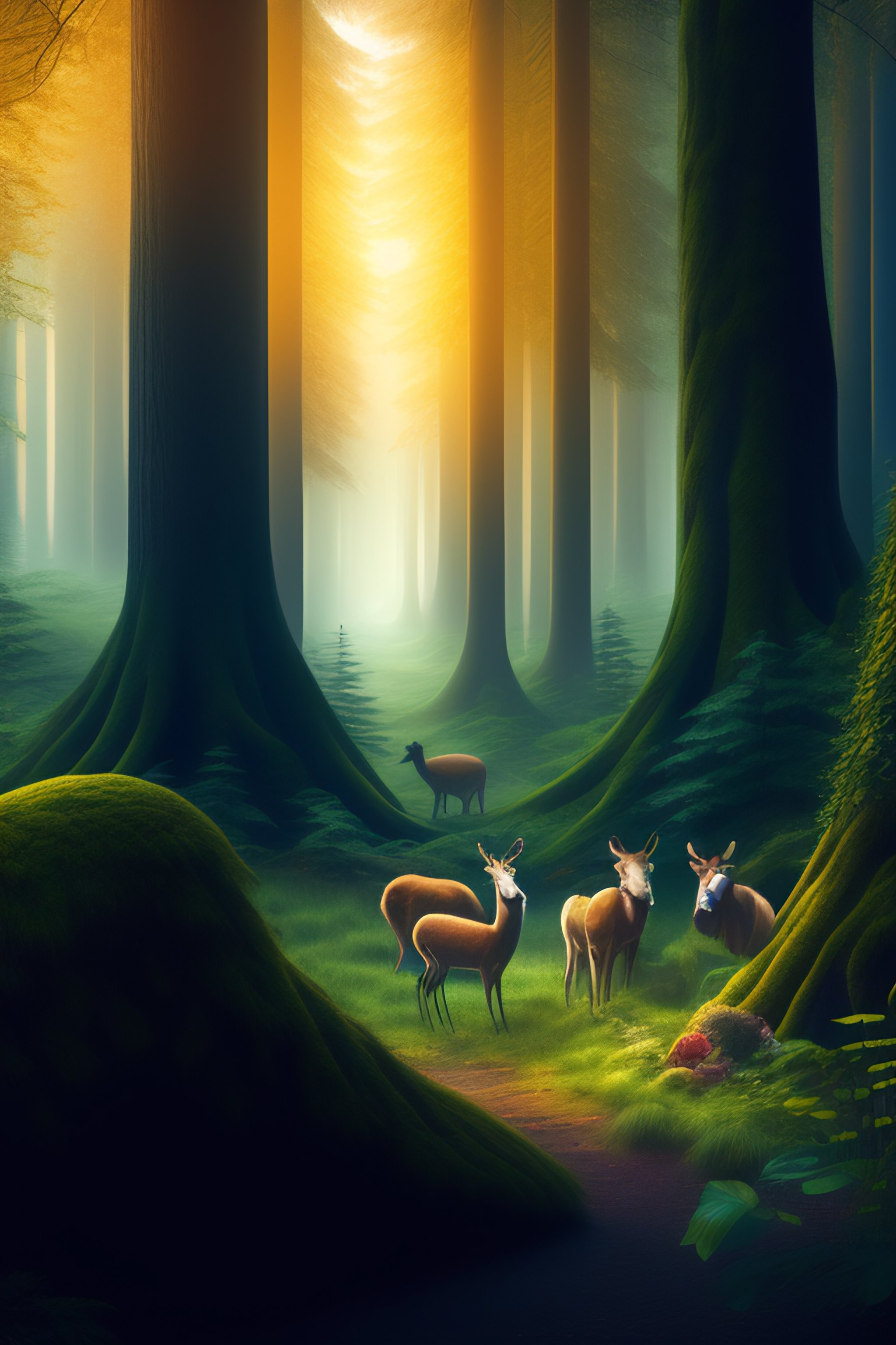 Lexica - Desktop wallpaper of a mystical forest scene. There is a
