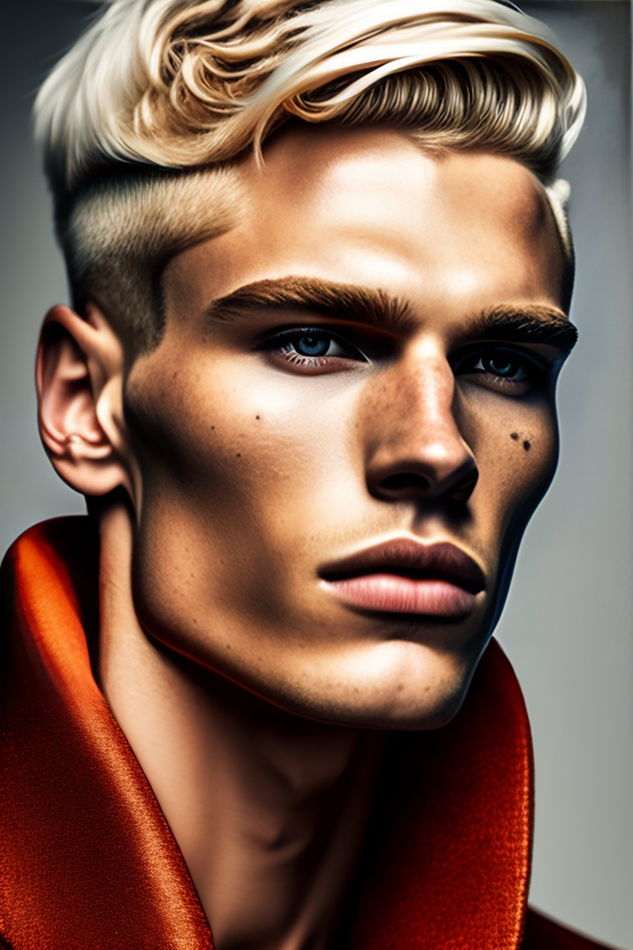 Lexica - A photo close-up of a beautiful blonde man with freckles, fashion  editorial, studio photography, magazine photography, pointed nose, blurry  ...