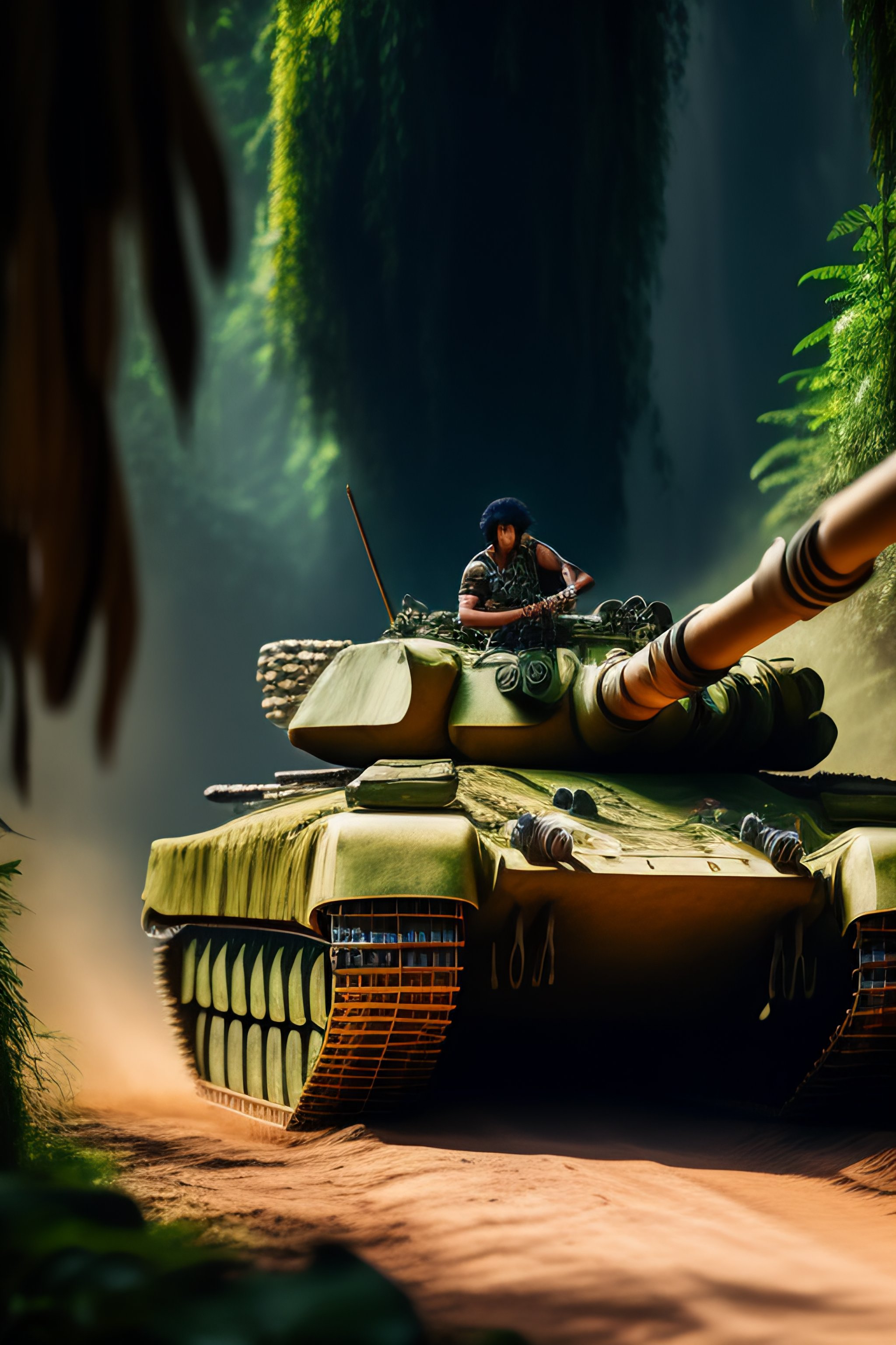 Lexica - Action shot of john rambo on a tank in a jungle, cinematic ...